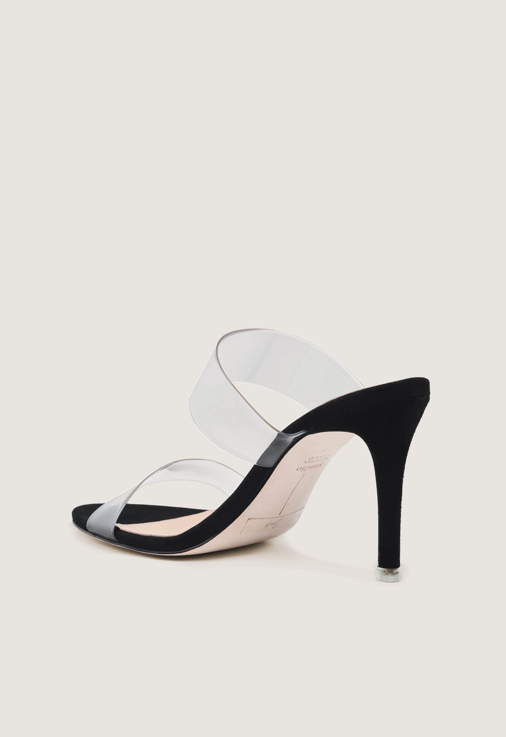 Sandália Mule Couro Tiras Transparente Preto