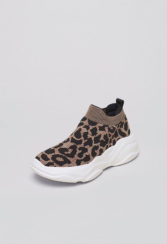 Tênis knit Slip On Animal Print Onça Camel