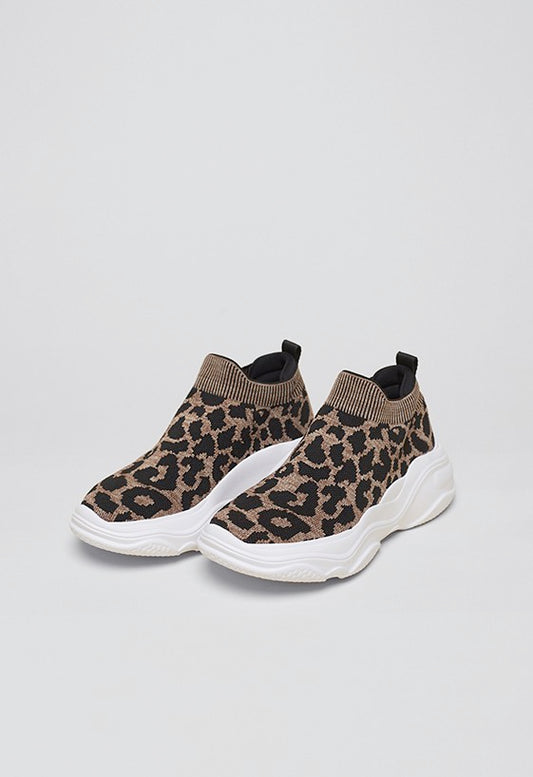 Tênis knit Slip On Animal Print Onça Camel