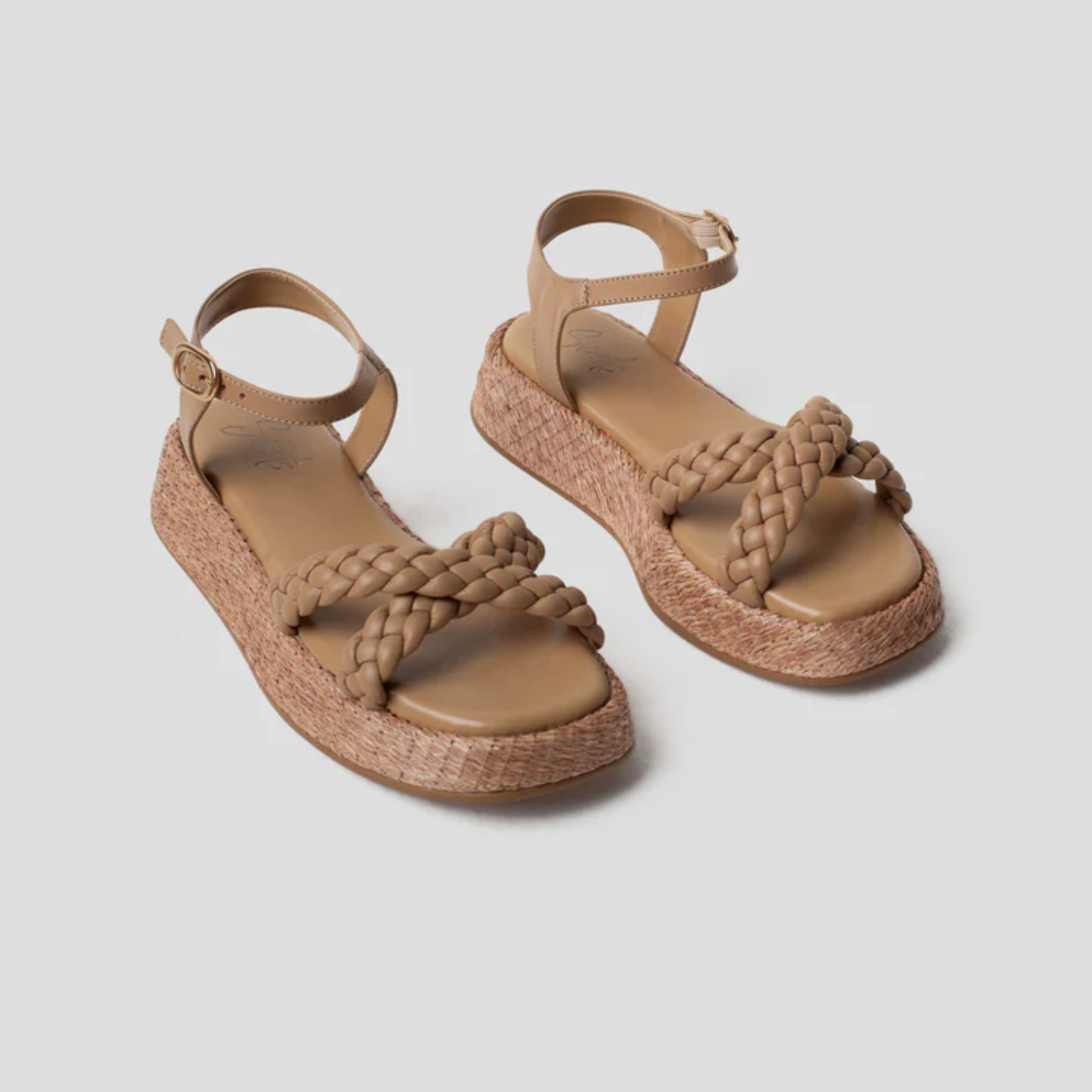 Anabela Flatform Couro Trançado Duda Bege Chanel