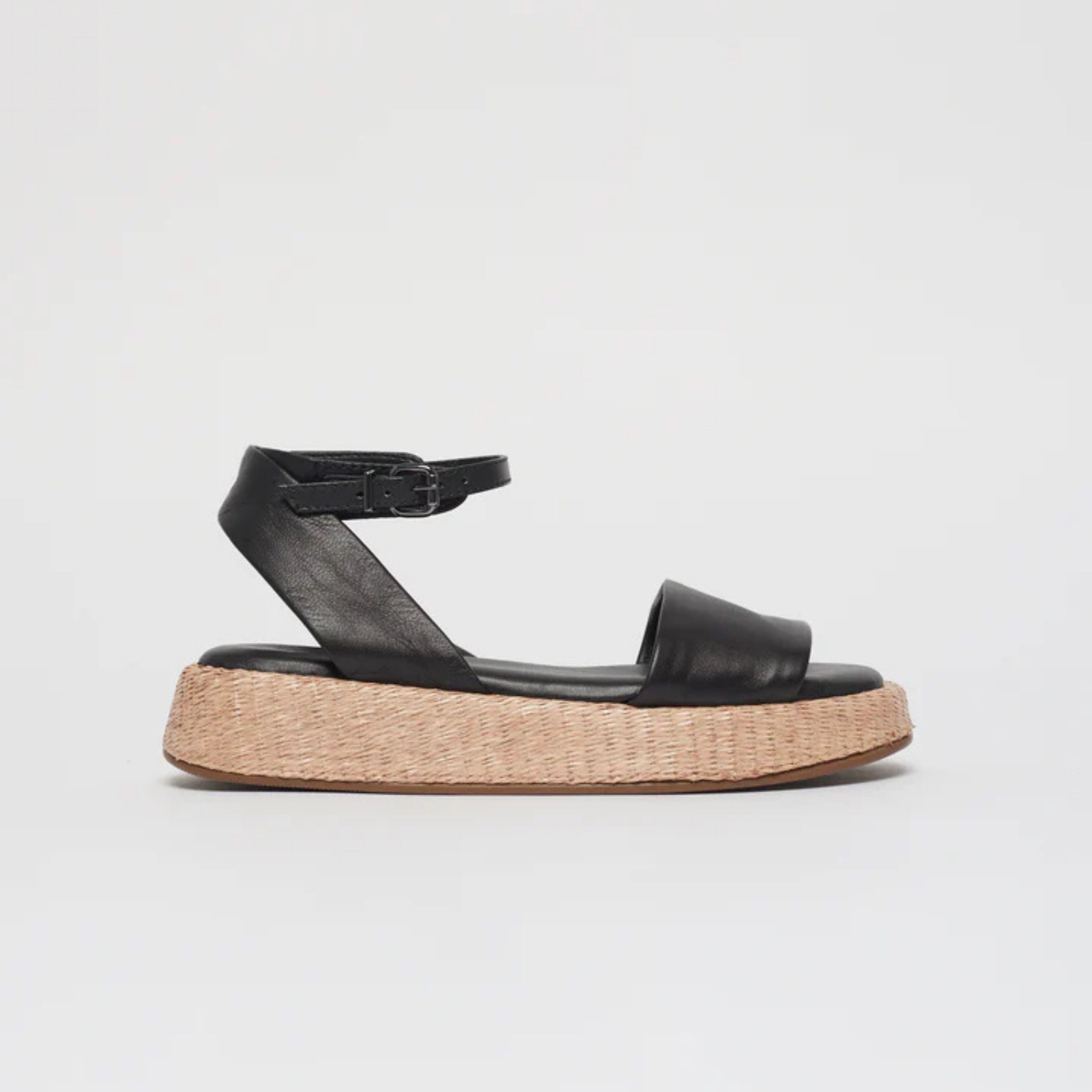 Anabela Flatform Couro Ana Preto