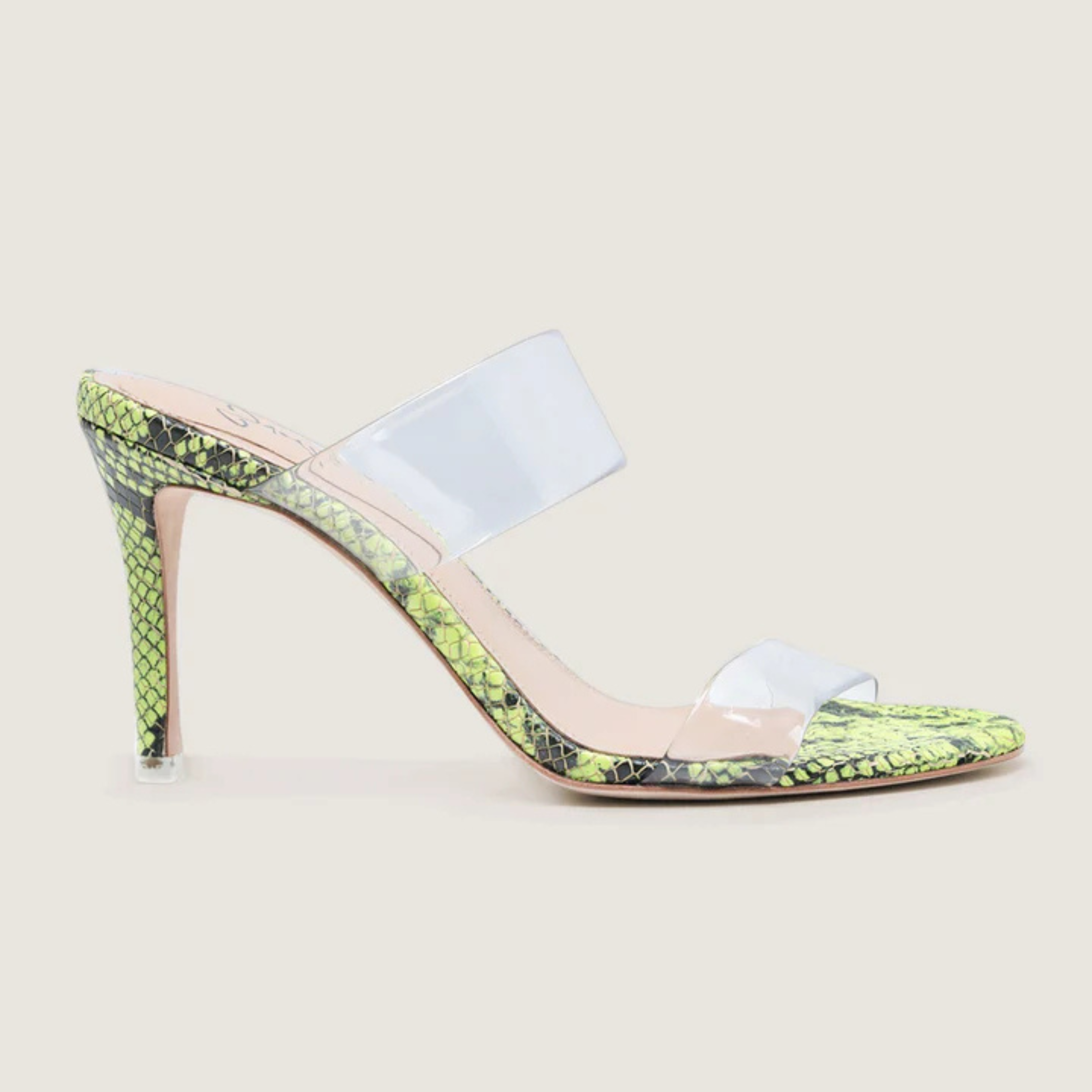 Sandália Mule Couro Tiras Transparente Verde