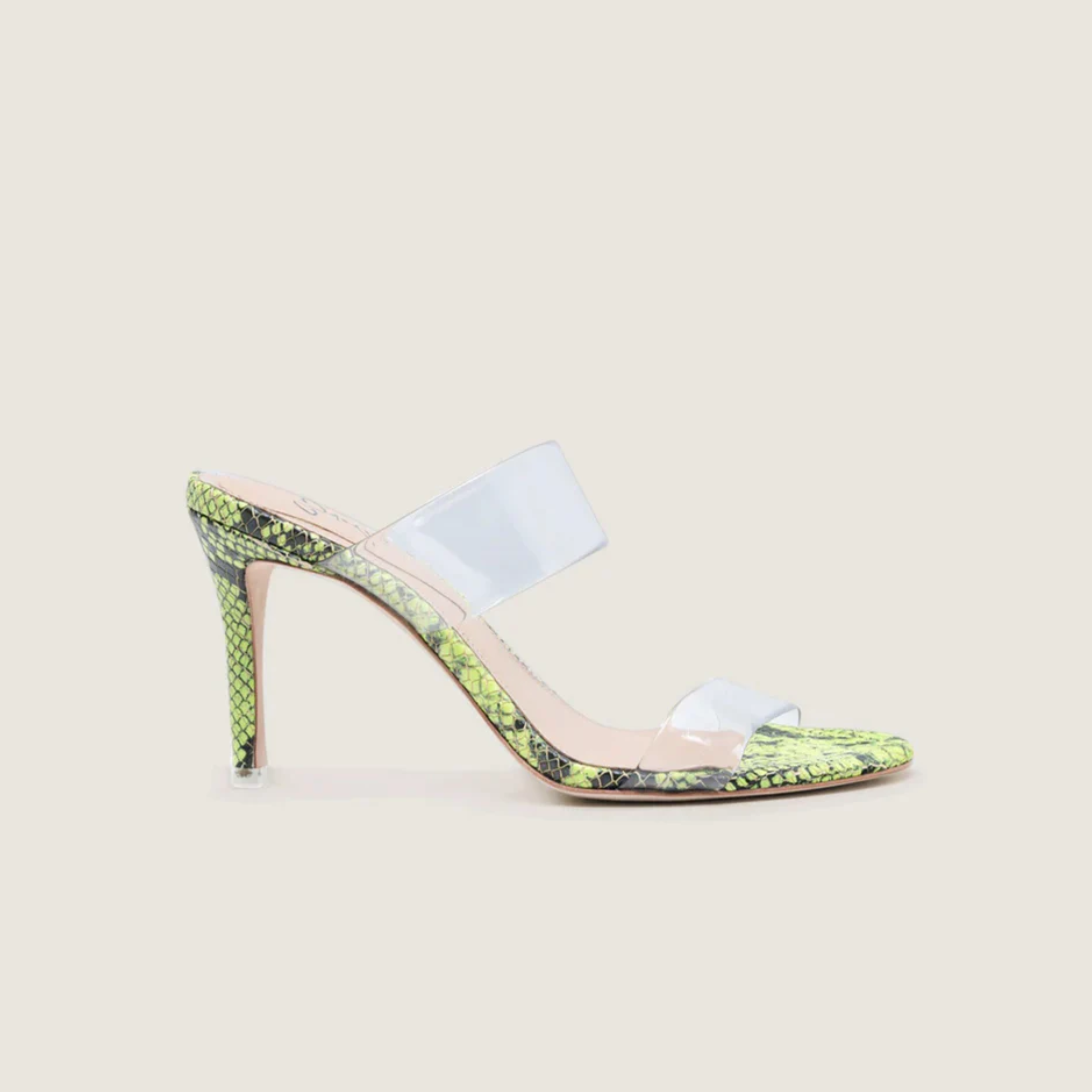 Sandália Mule Couro Tiras Transparente Verde