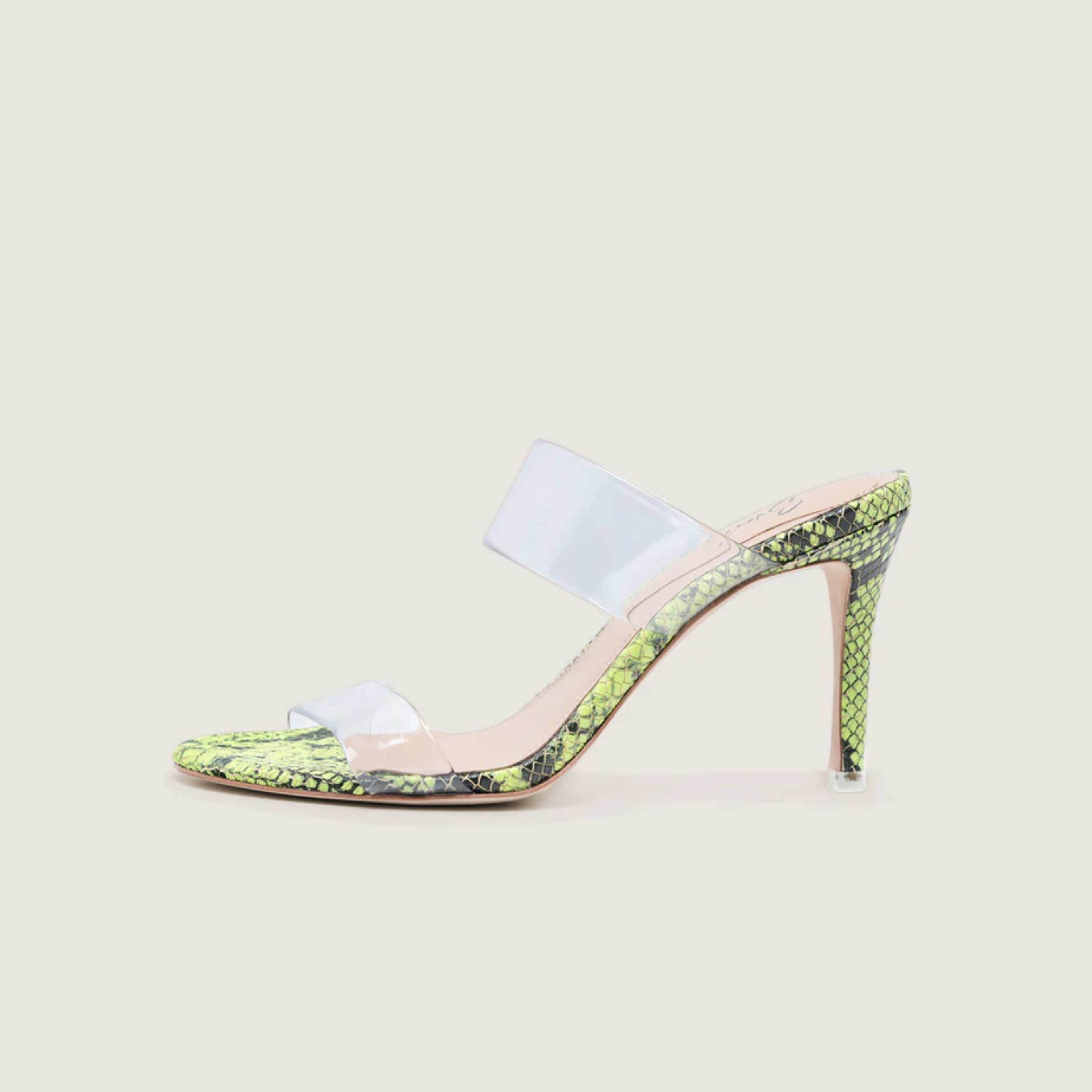 Sandália Mule Couro Tiras Transparente Verde