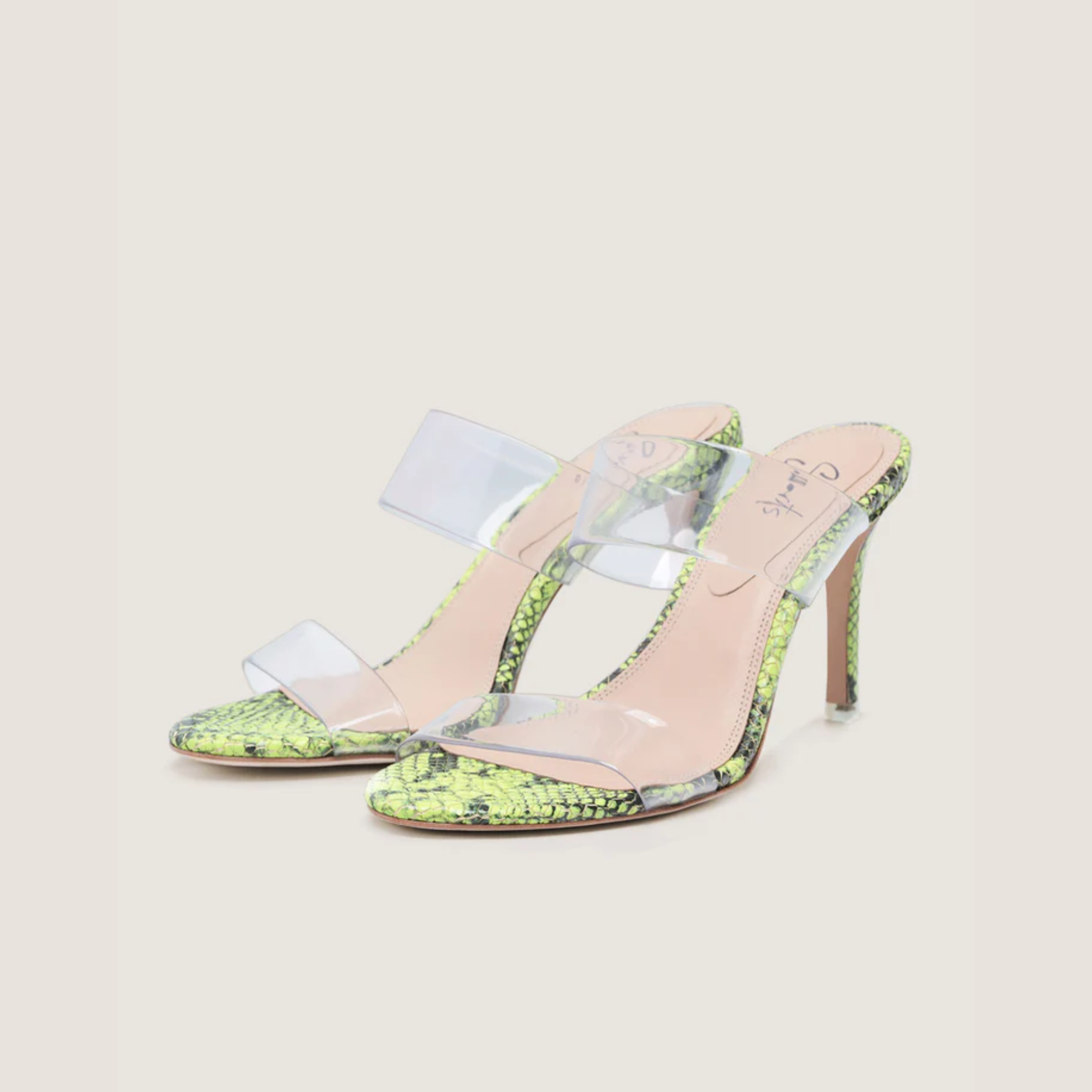 Sandália Mule Couro Tiras Transparente Verde