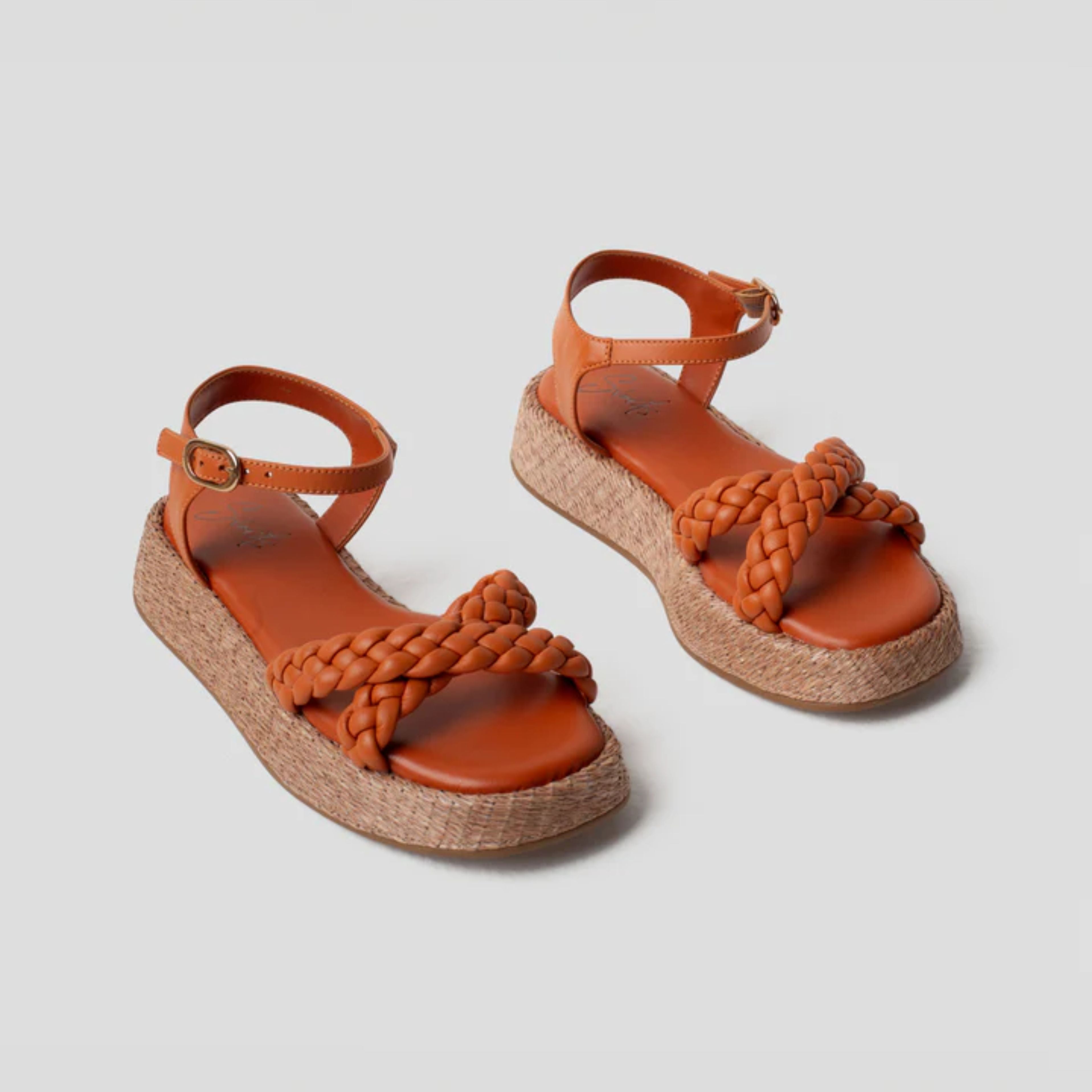 Anabela Flatform Couro Trançado Duda Laranja