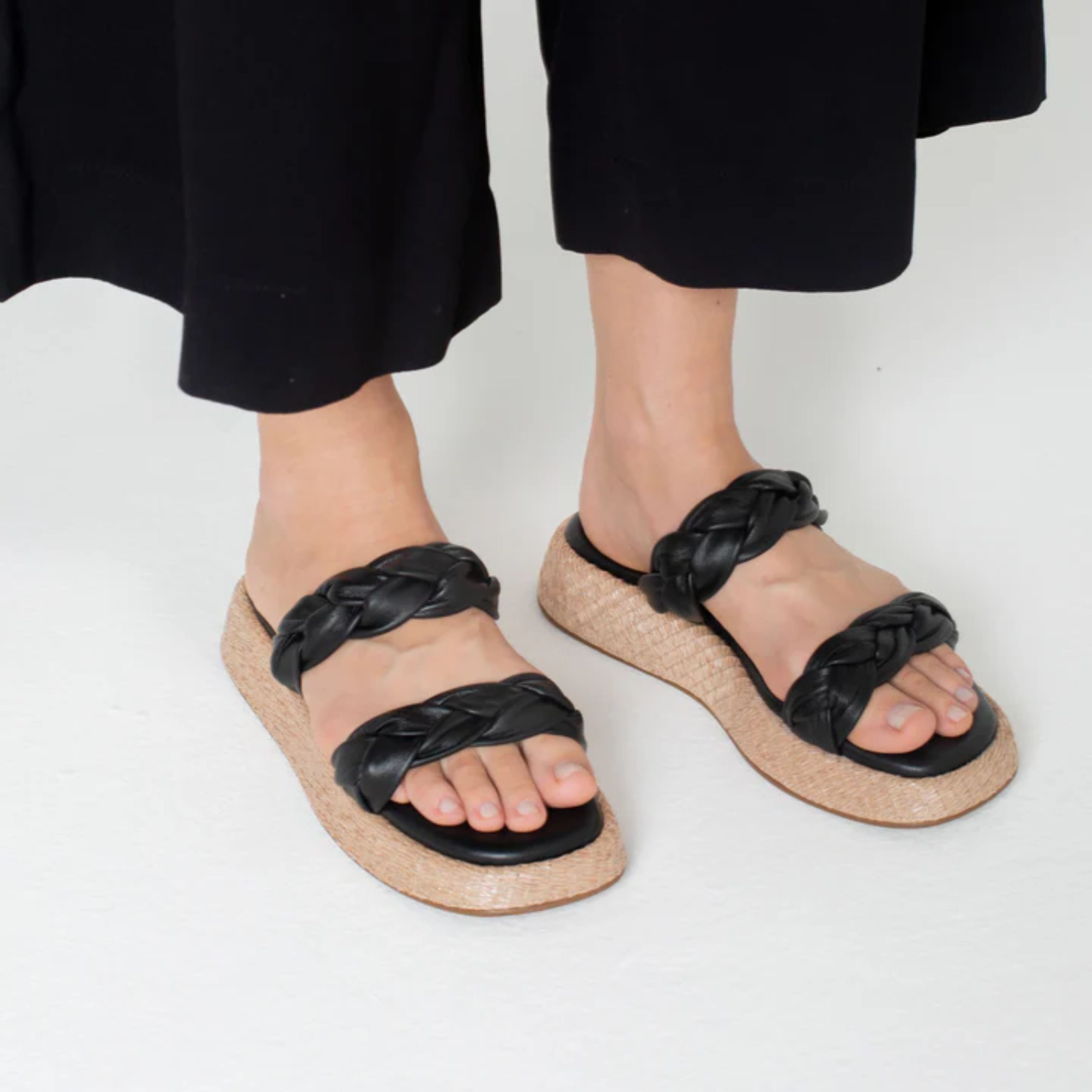Anabela Flatform Couro Bela Preto