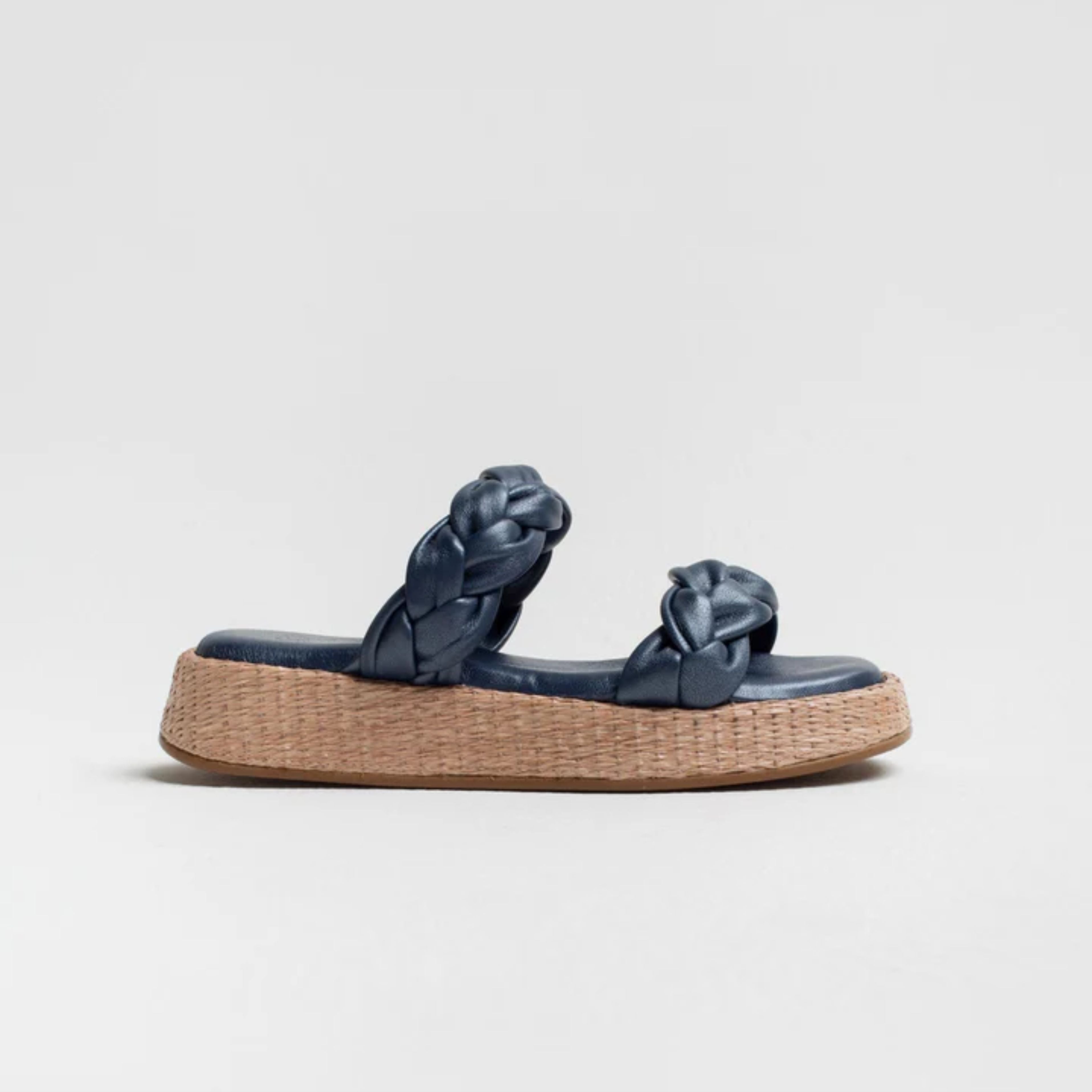 Anabela Flatform Couro Bela Marinho Perolado