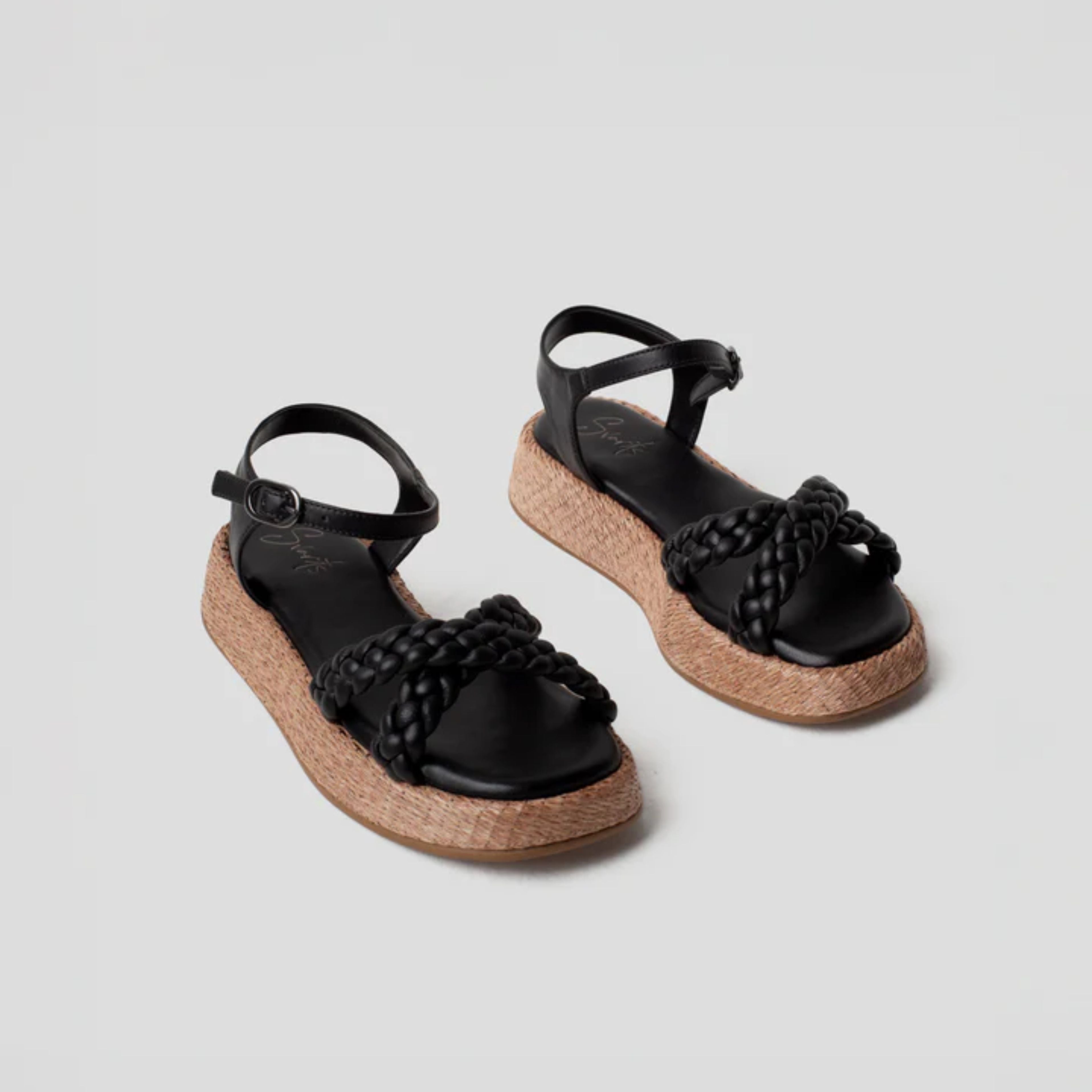 Anabela Flatform Couro Trançado Duda Preta