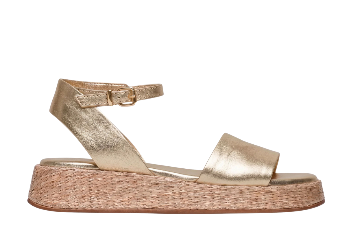 Anabela Flatform Couro Ana Ouro Light