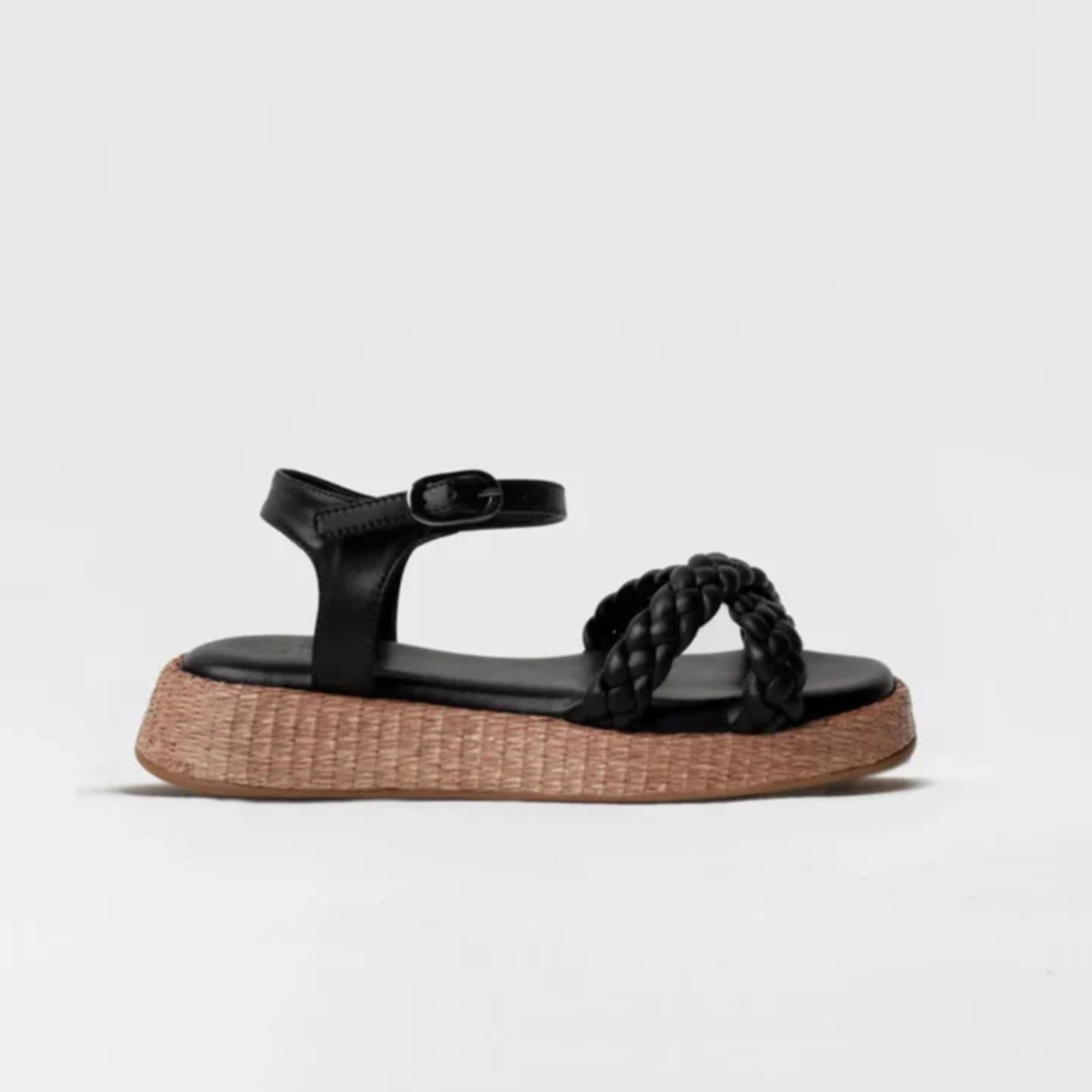 Anabela Flatform Couro Trançado Duda Preta