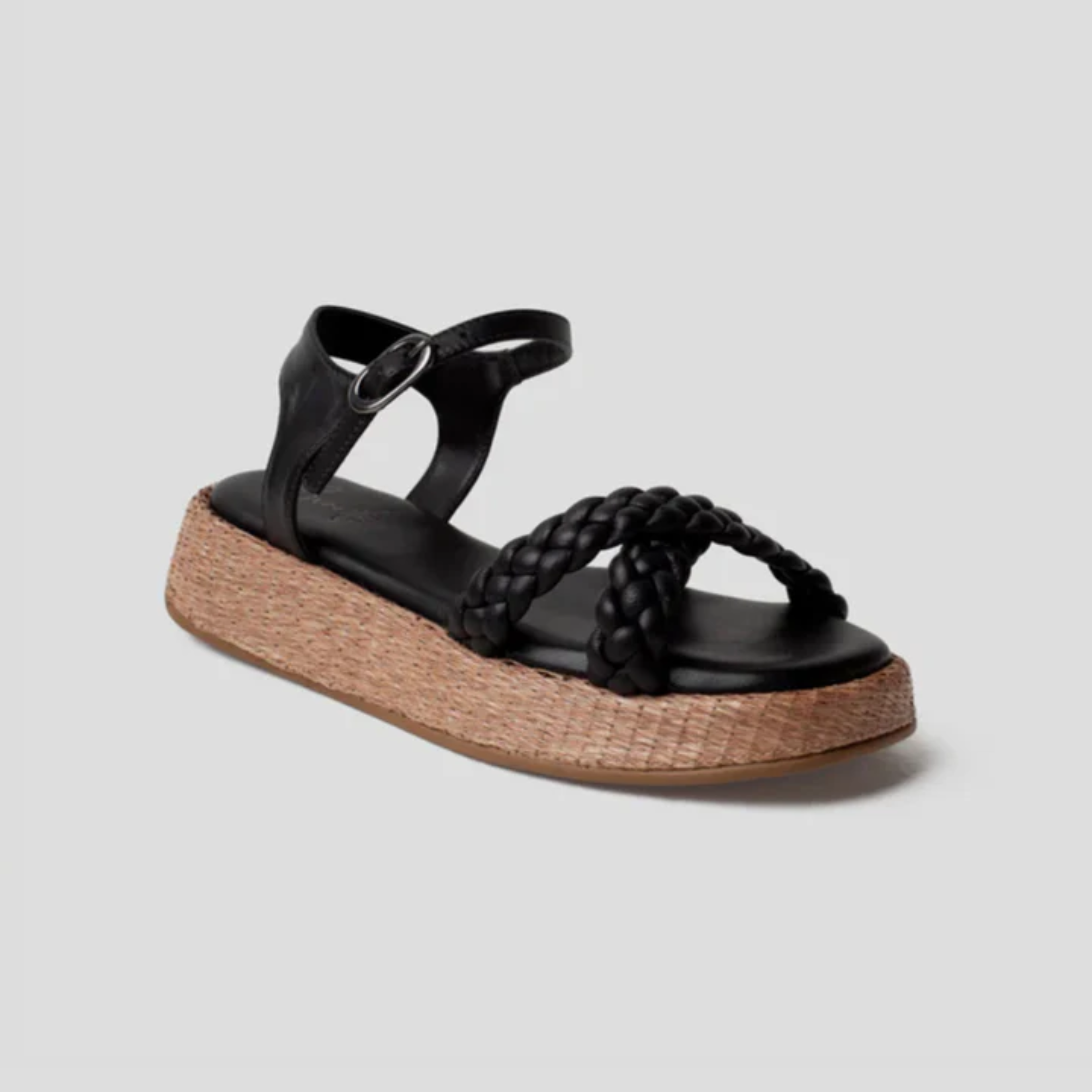 Anabela Flatform Couro Trançado Duda Preta