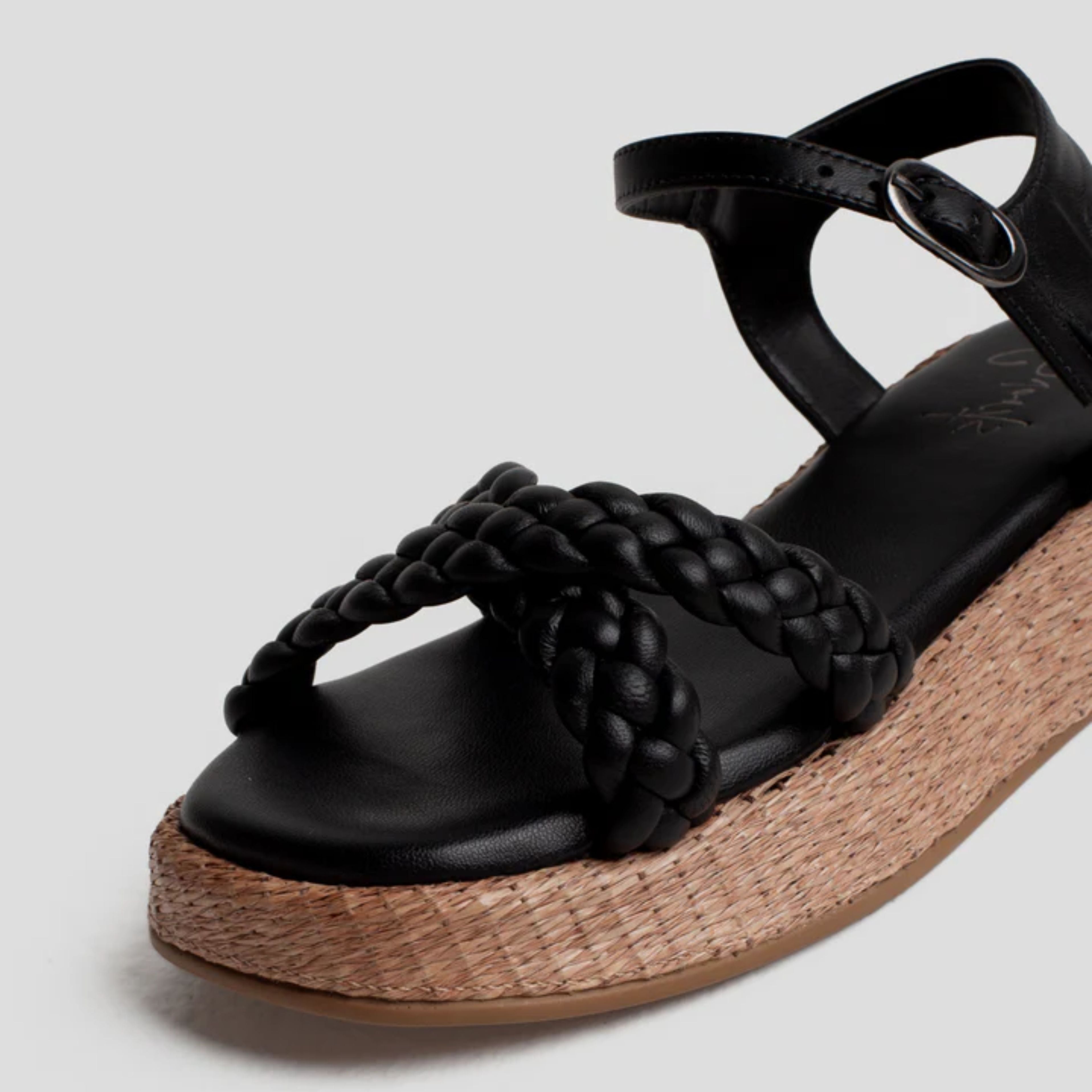 Anabela Flatform Couro Trançado Duda Preta