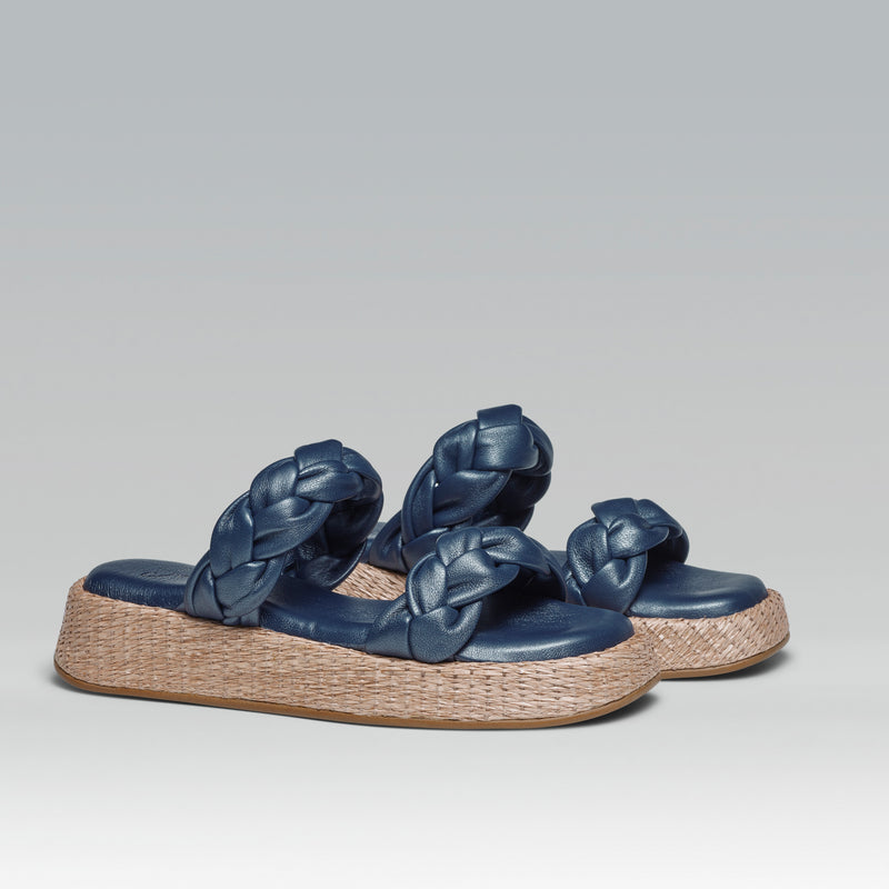 Anabela Flatform Couro Bela Marinho Perolado