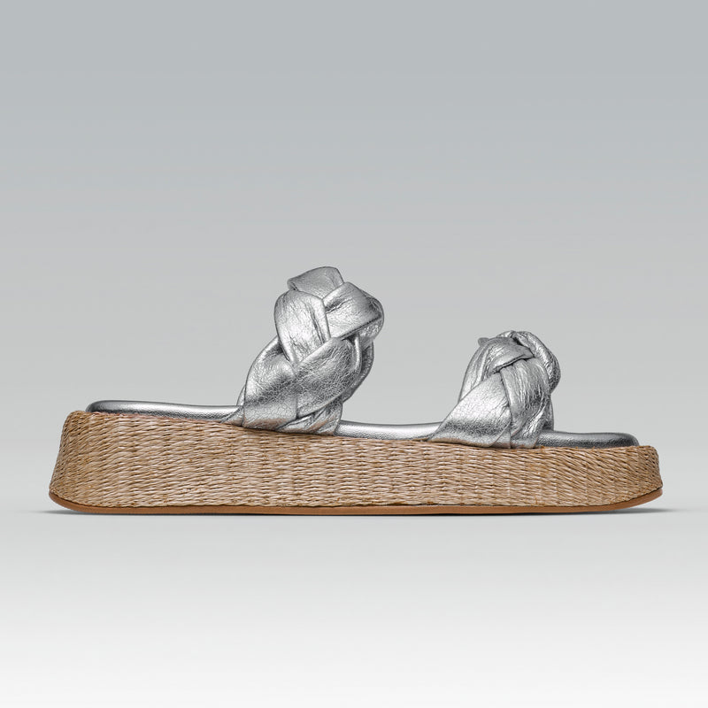Anabela Flatform Couro Bela Prata — Svarts