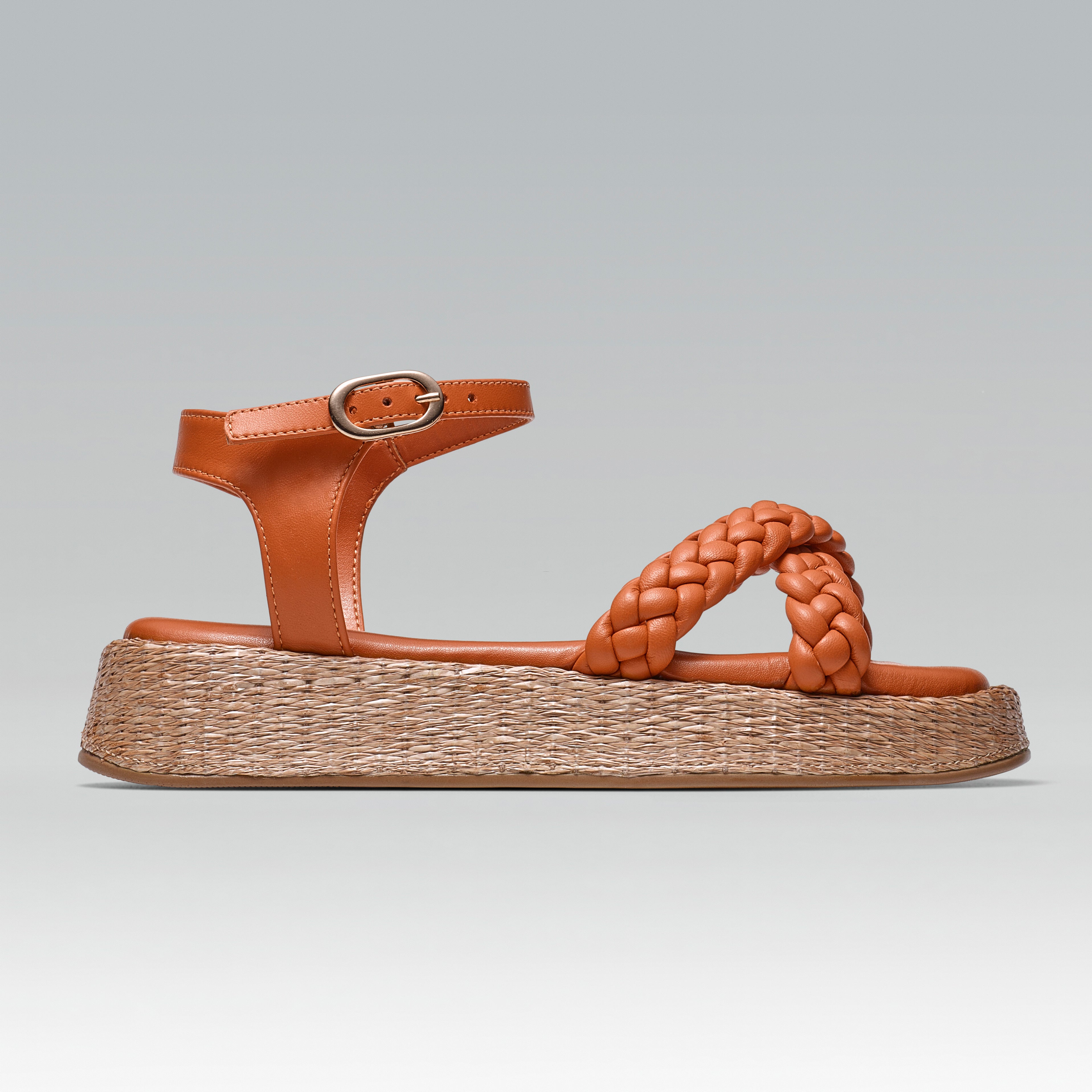 Anabela Flatform Couro Trançado Duda Laranja