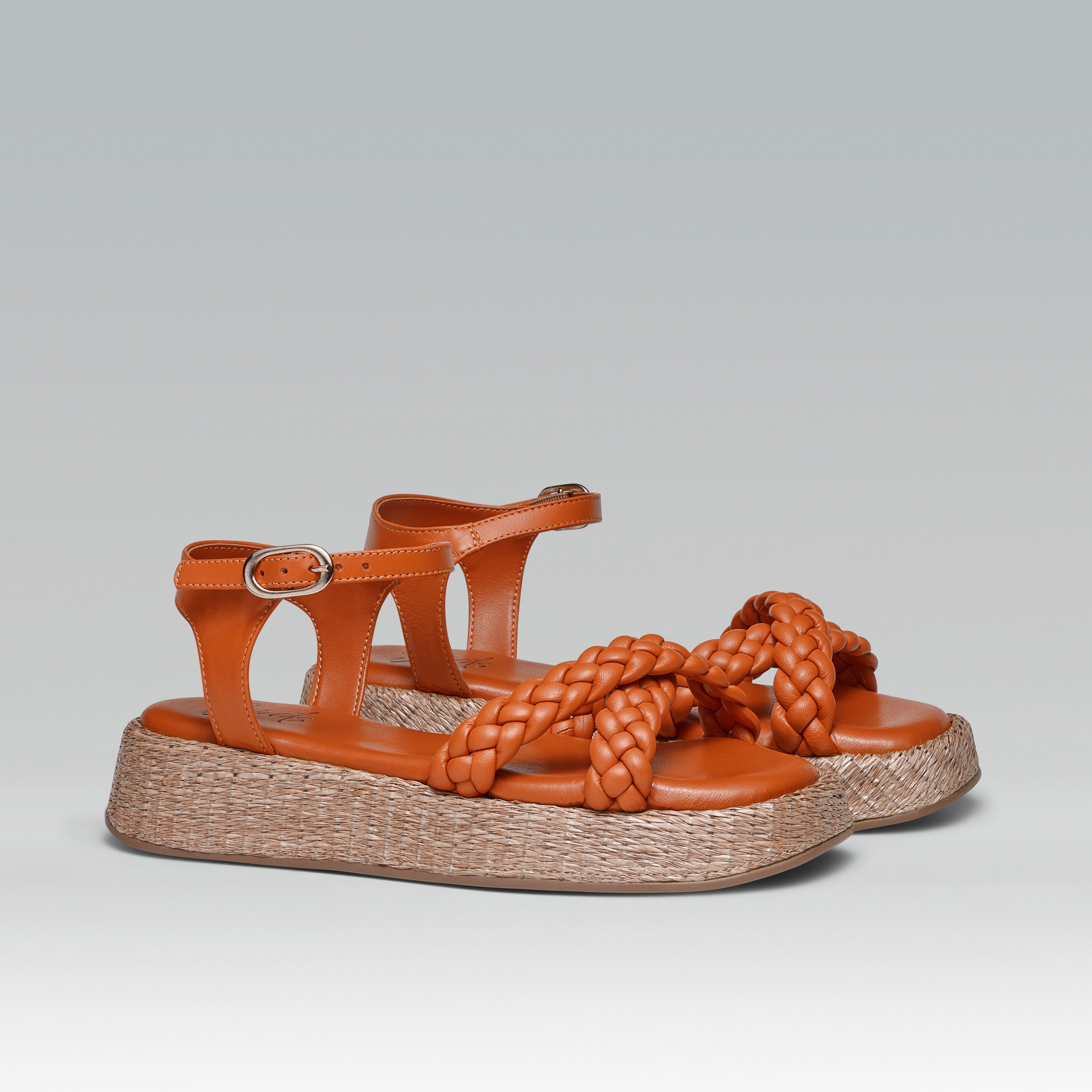 Anabela Flatform Couro Trançado Duda Laranja