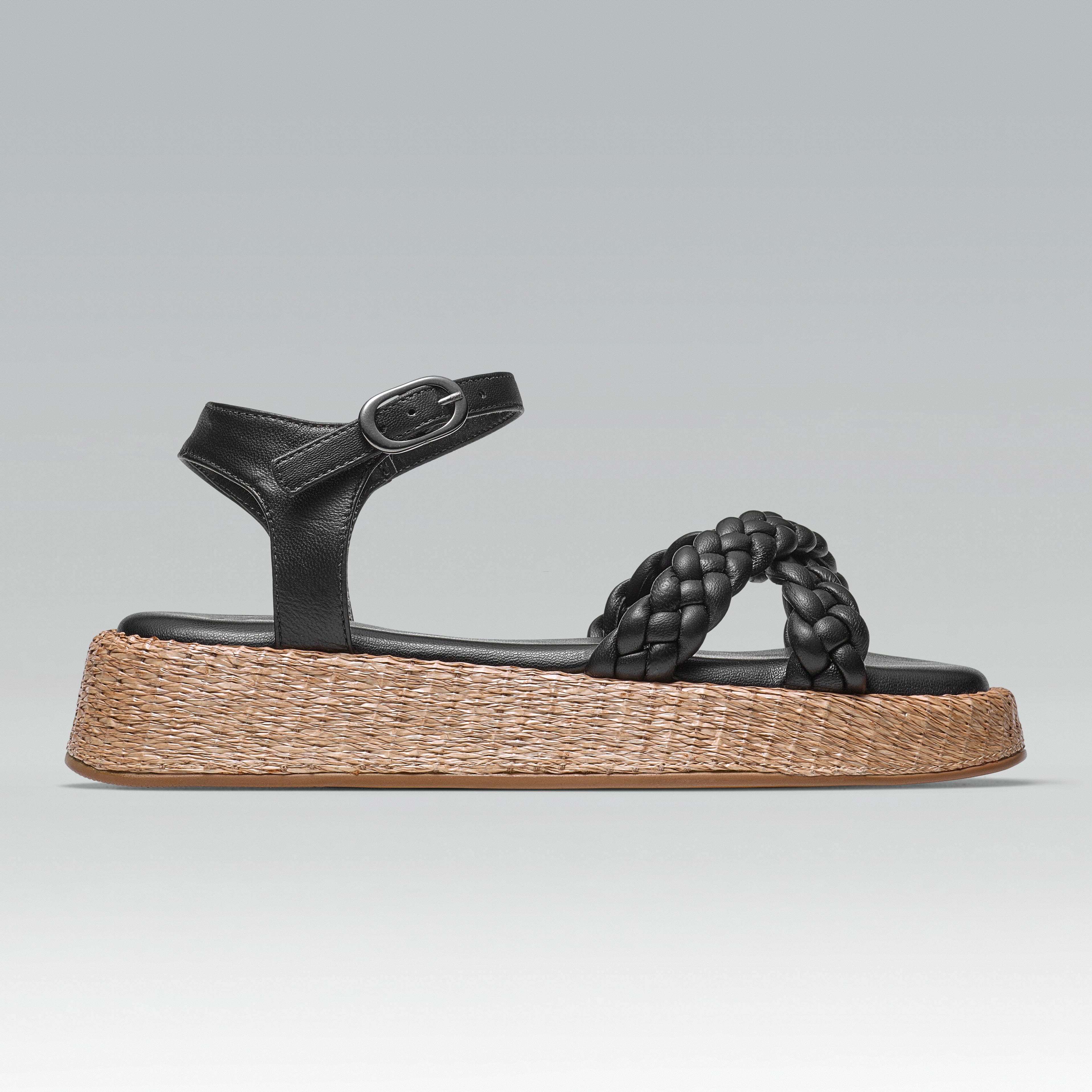 Anabela Flatform Couro Trançado Duda Preta