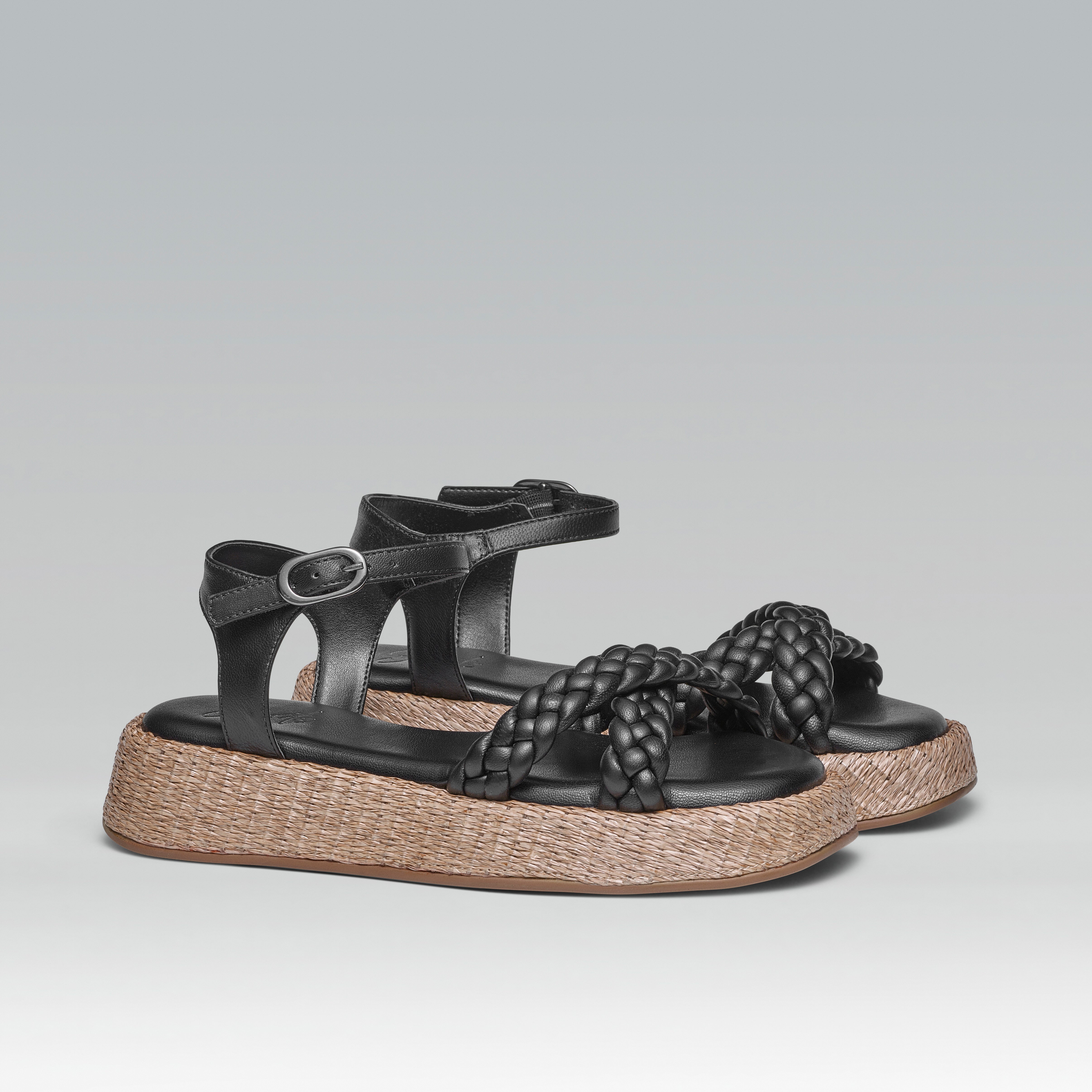 Anabela Flatform Couro Trançado Duda Preta