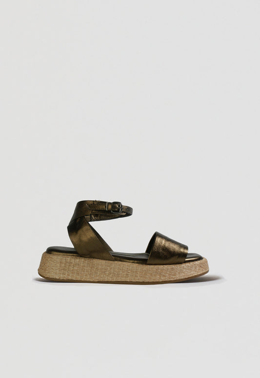 Anabela Flatform Couro Ana Ouro Velho