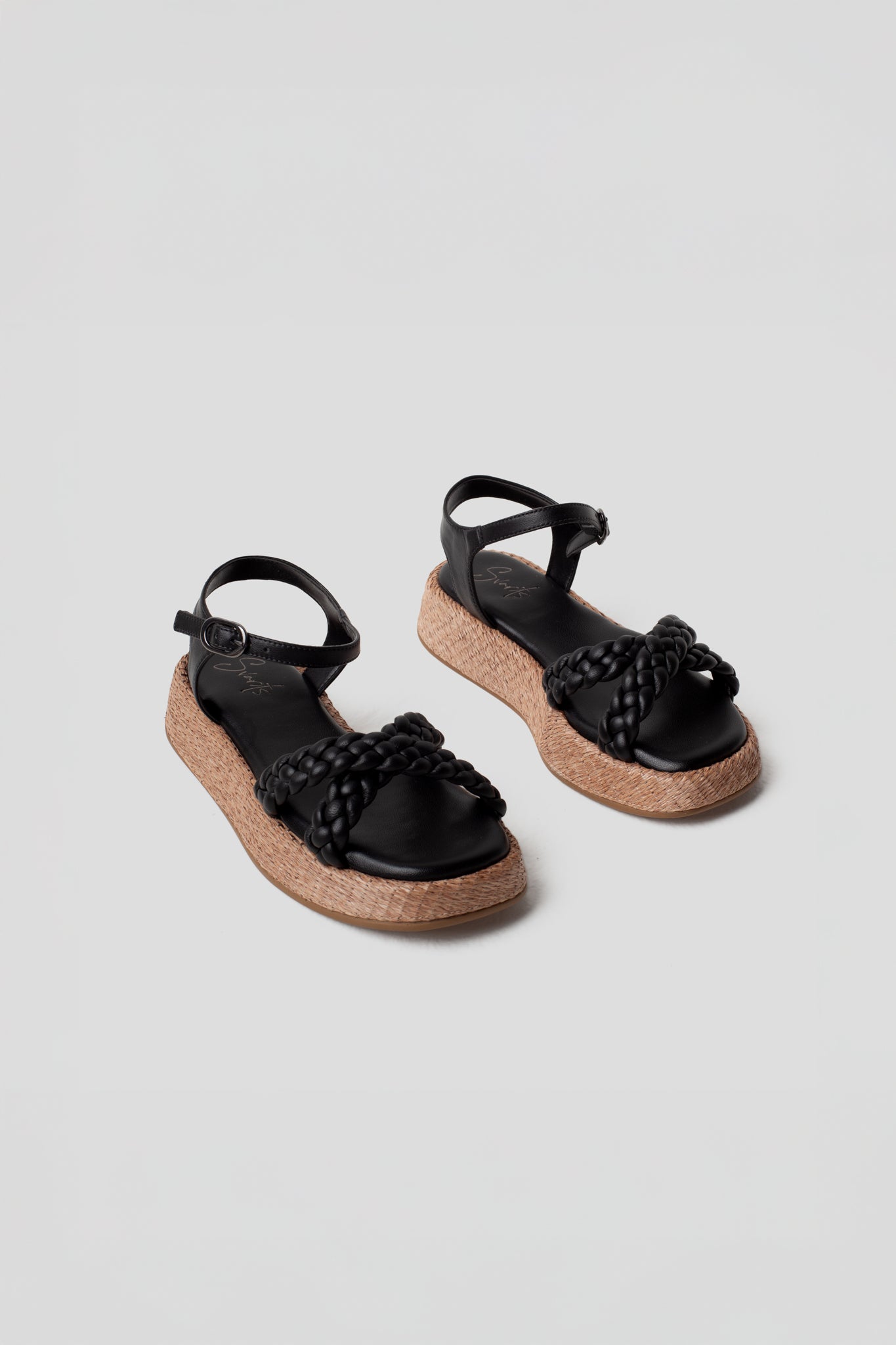 Anabela Flatform Couro Trançado Duda Preta