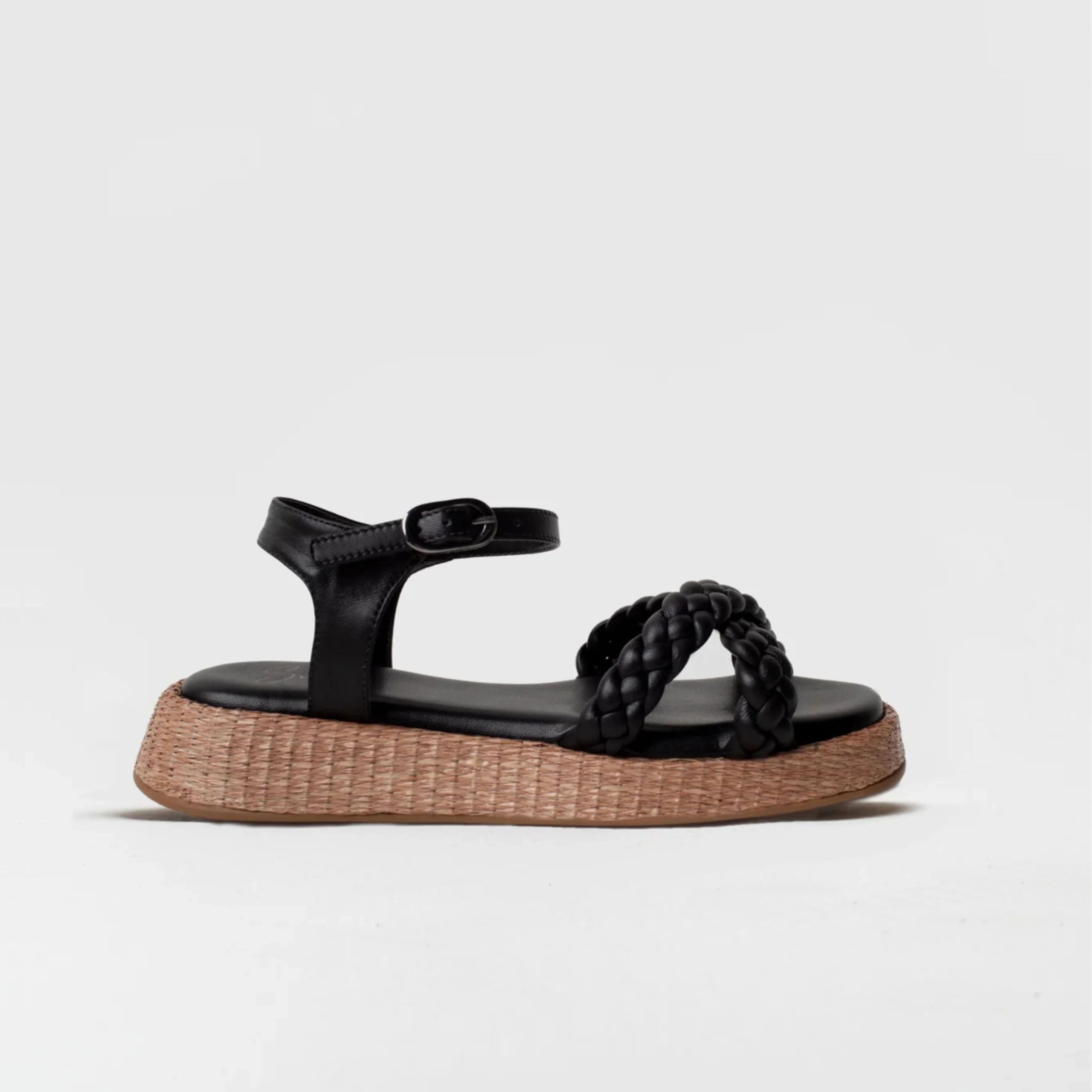 Anabela Flatform Couro Trançado Duda Preta