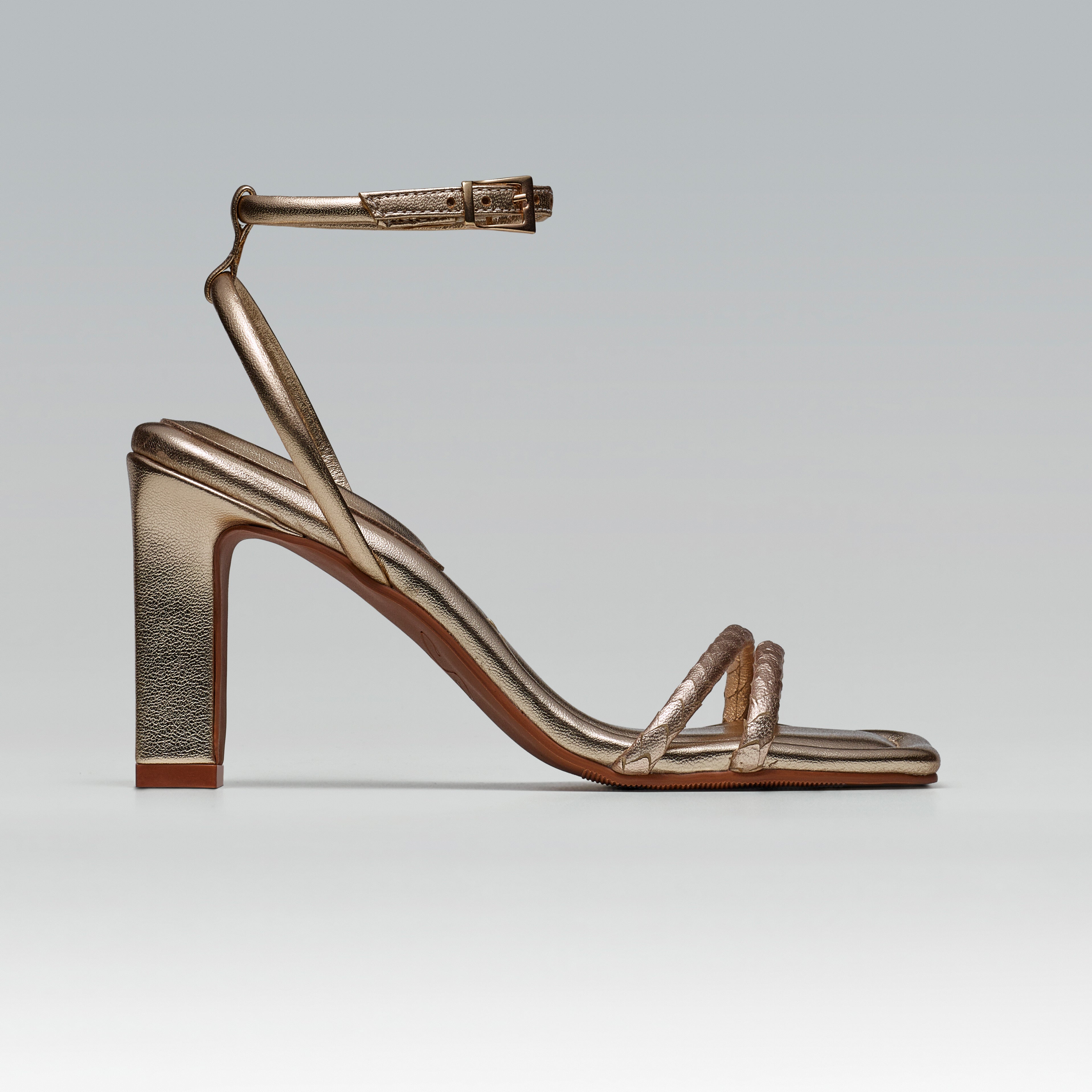 Sandália Couro Salto Alto navalhado Bianca Ouro Light