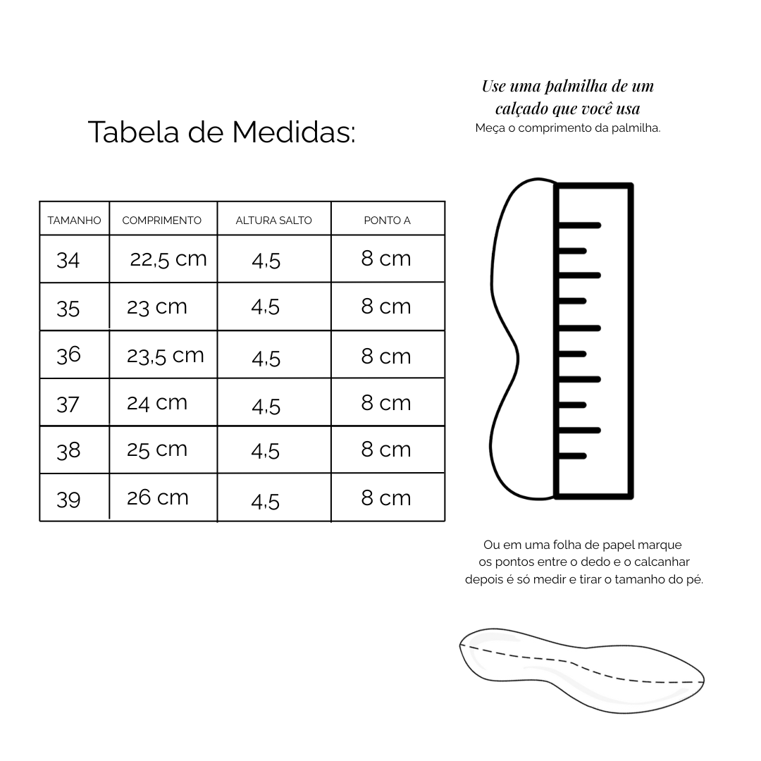 Tabela de Medidas Sandália Couro Salto Baixo Júlia Prata