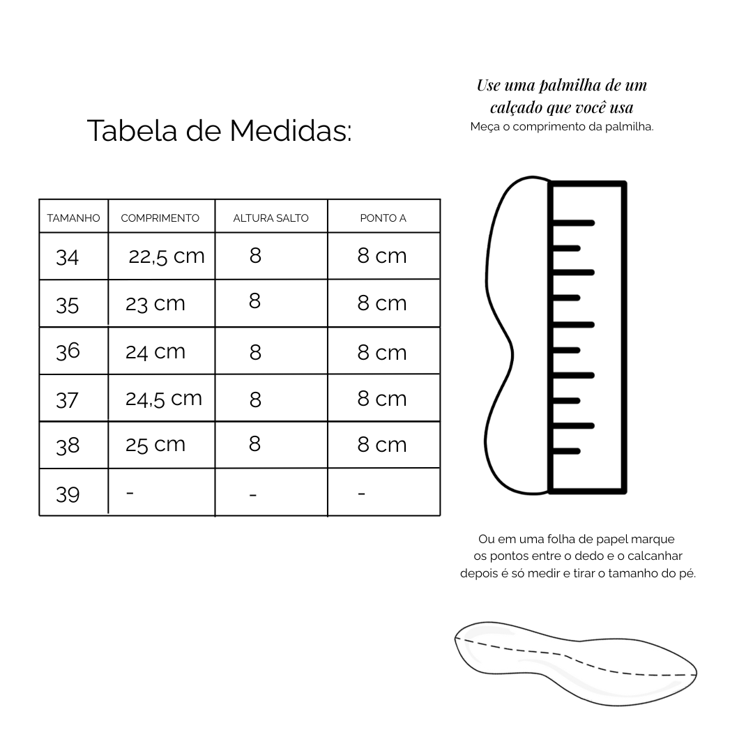 Tabela de Medidas Sandália Couro Salto Bloco Maria Bege