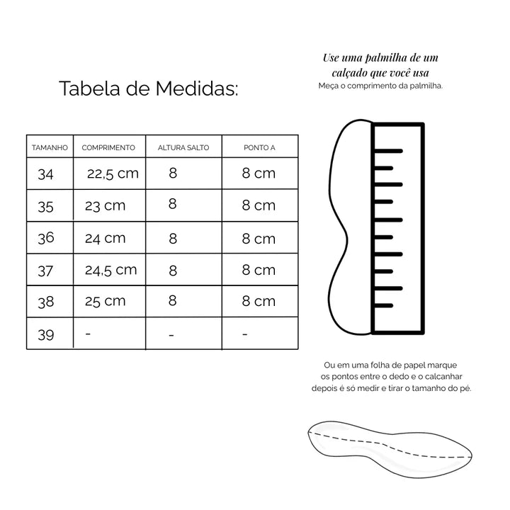 Tabela de Medidas Sandália Couro Salto Bloco Maria Café
