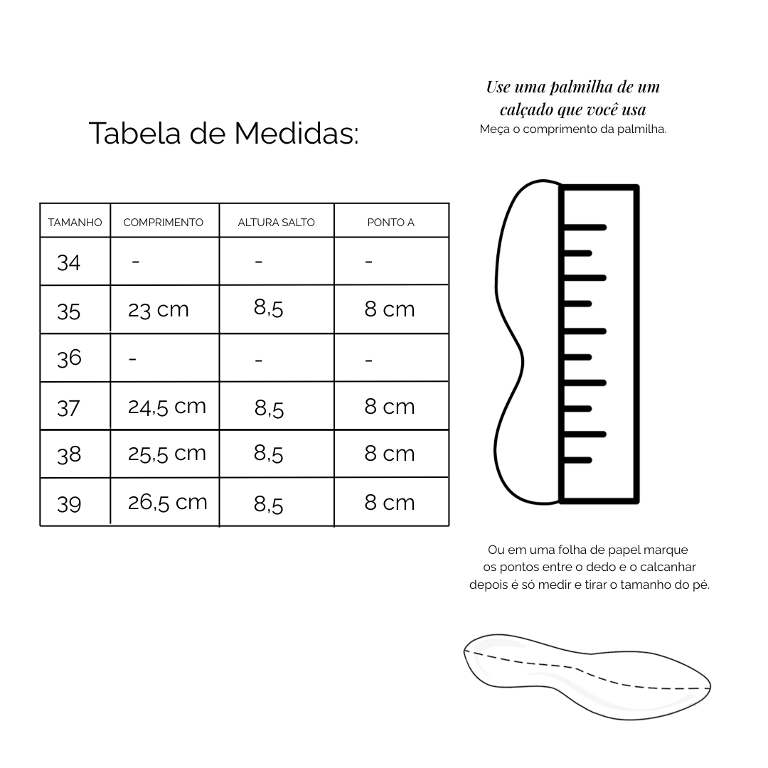 Tabela de Medidas Sandália Couro Salto Alto Natália Natural