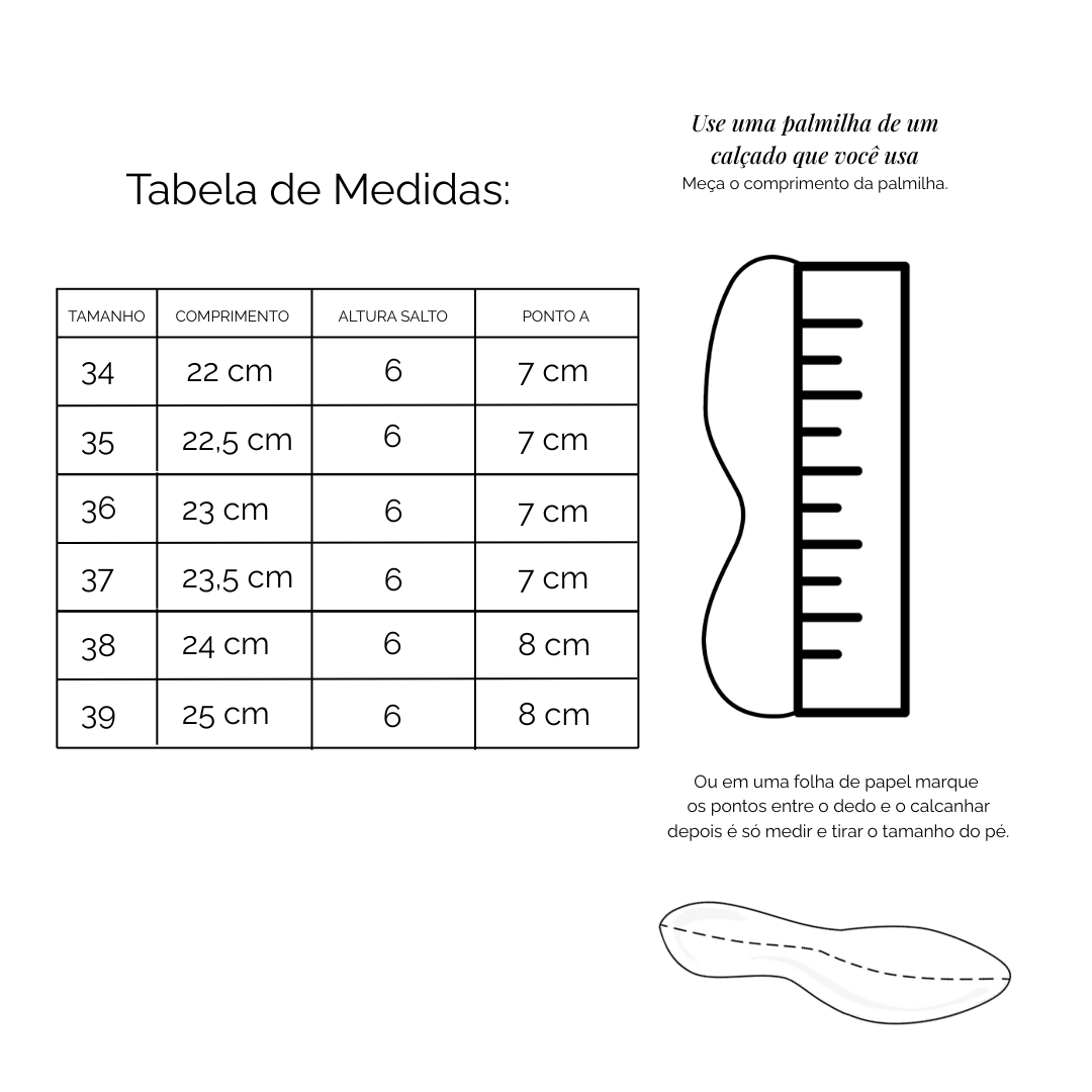 Tabela de Medidas Sandália Couro Salto Baixo Lia Preta