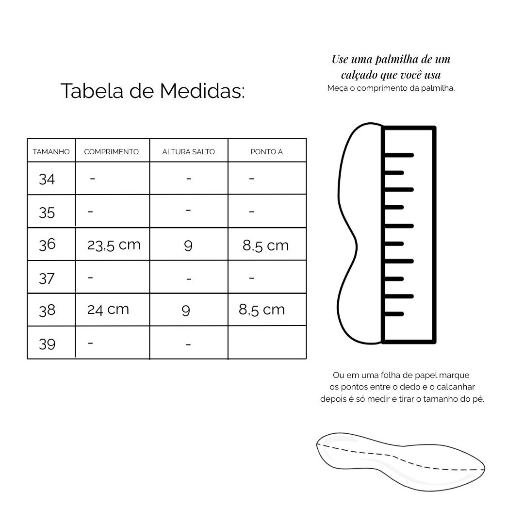 Tabela de Medidas Sandália Mule Couro Salto Médio Rosa