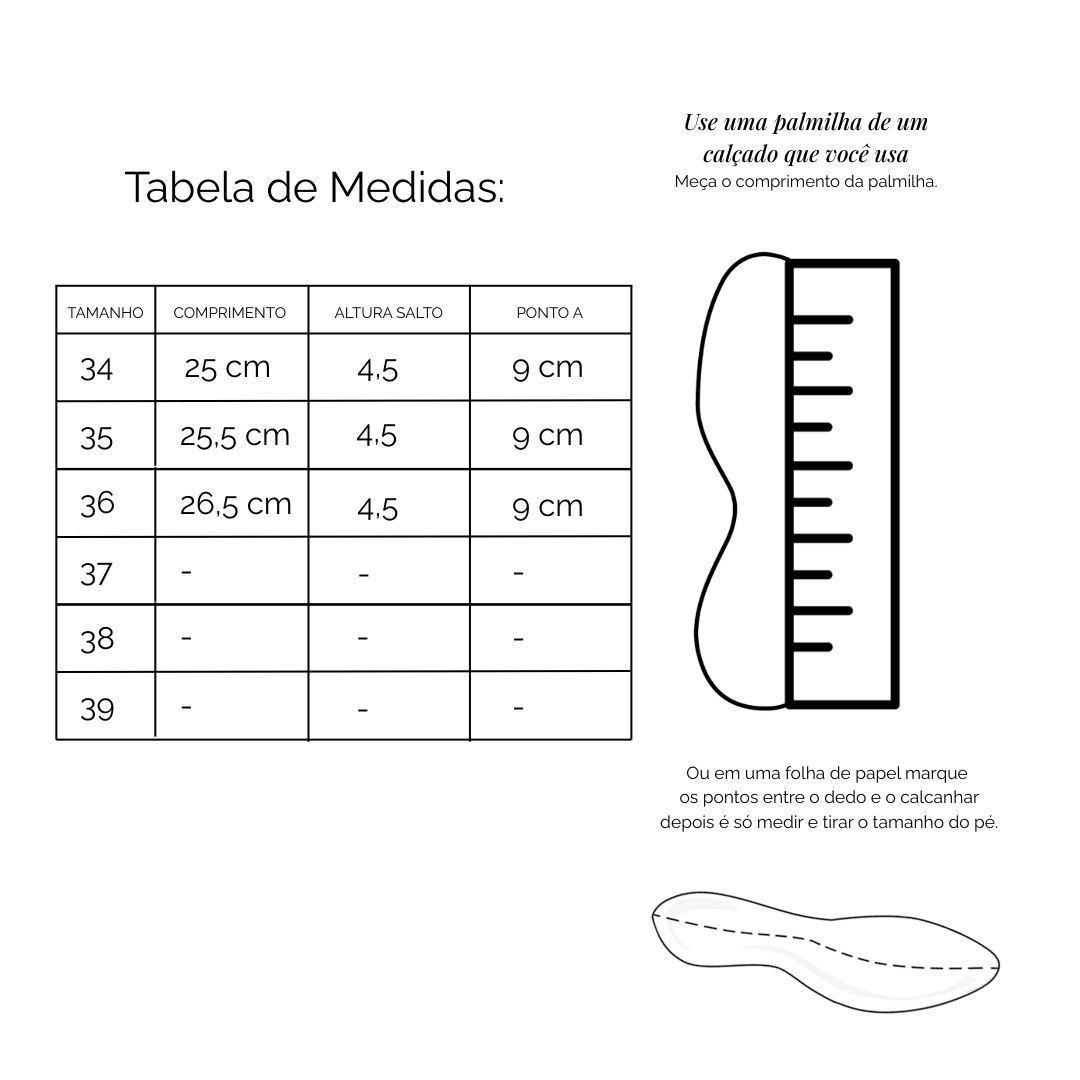 Tabela de Medidas Bota Coturno Couro Preta