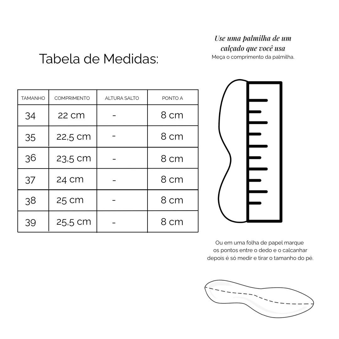 Tabela de Medidas Sandalia Papete Lolla Ouro