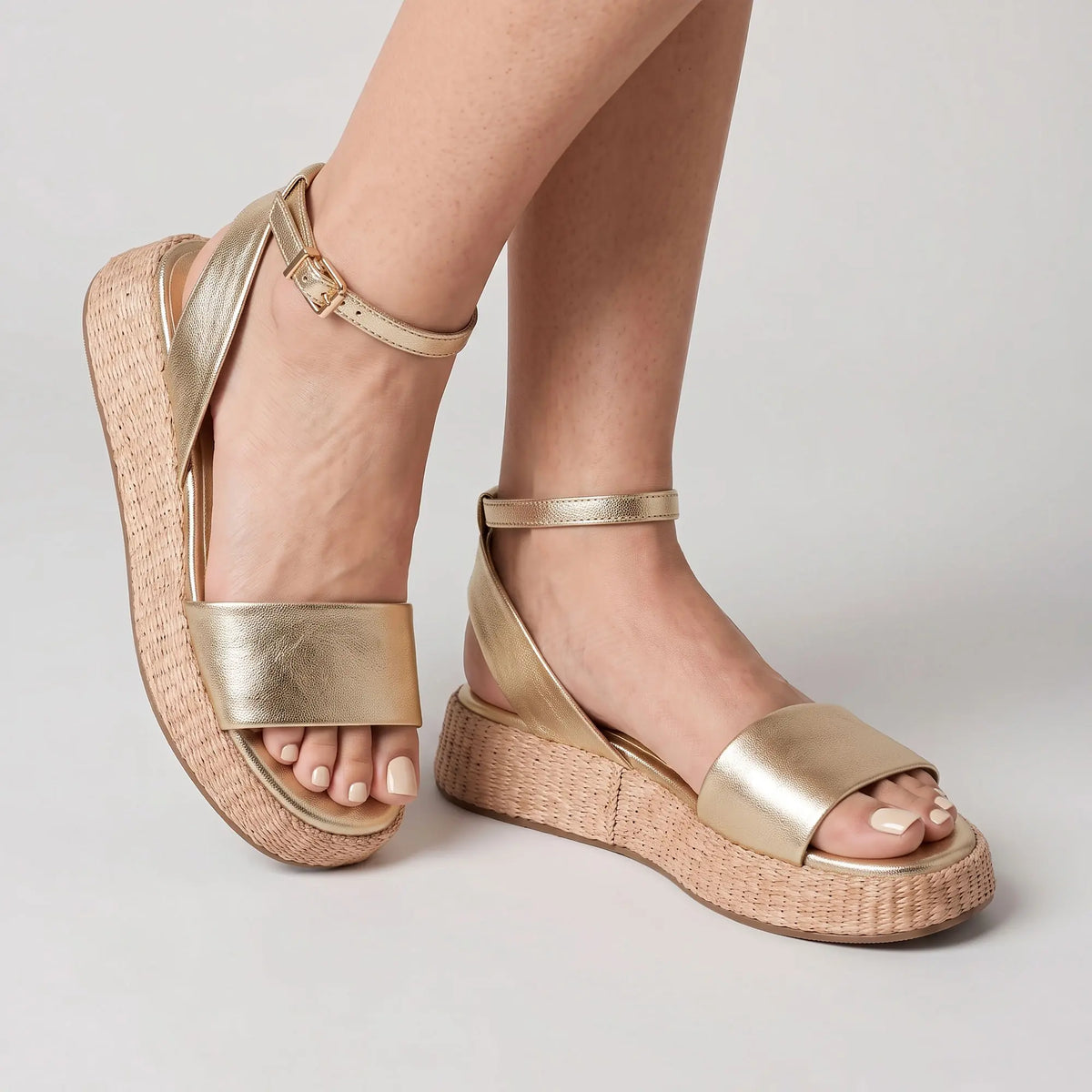 Anabela Flatform Couro Ana Ouro Light