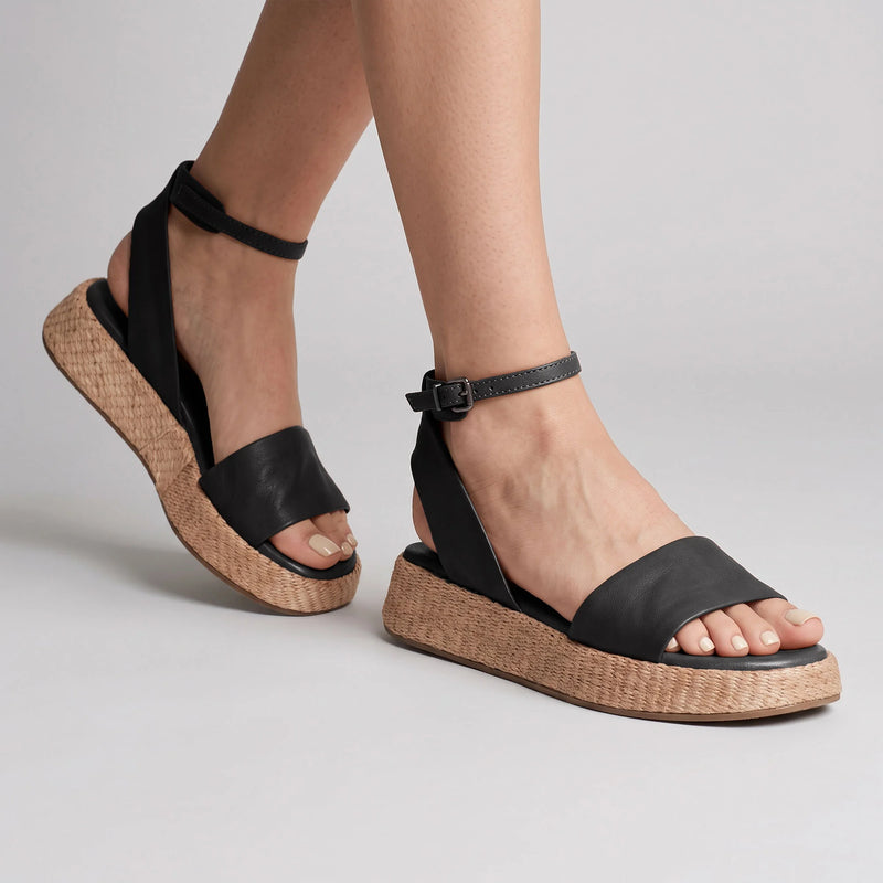 Anabela Flatform Couro Ana Preto