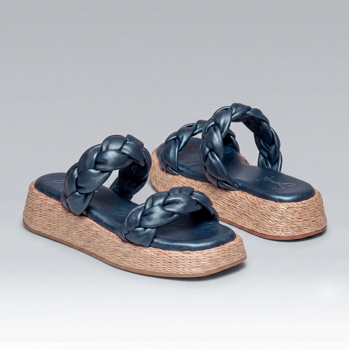 Anabela Flatform Couro Bela Marinho Perolado