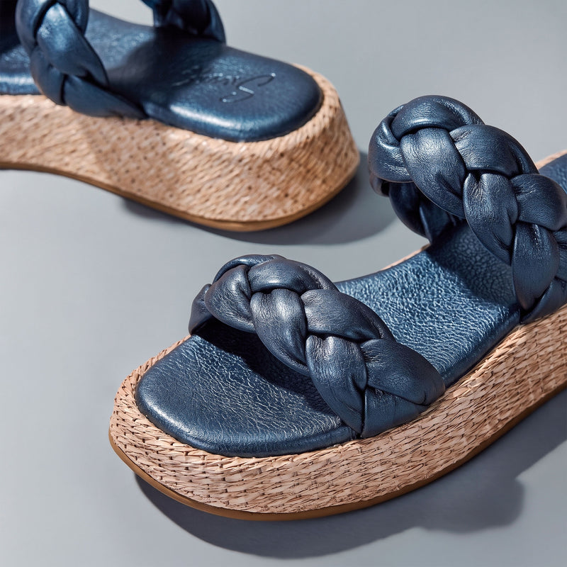 Anabela Flatform Couro Bela Marinho Perolado