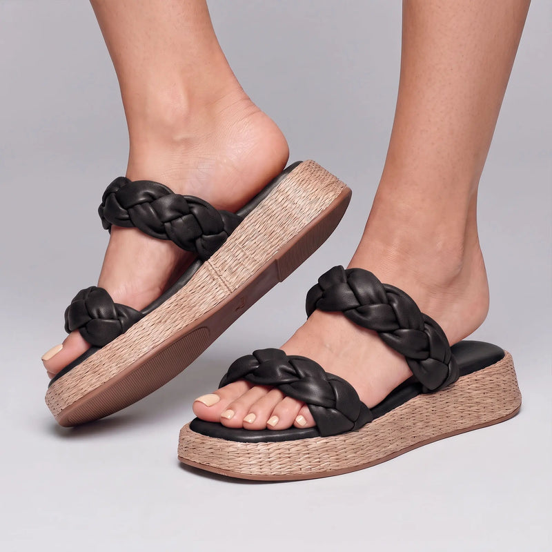 Anabela Flatform Couro Bela Preto