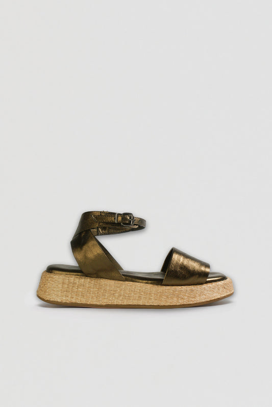 Anabela Flatform Couro Ana Ouro Velho