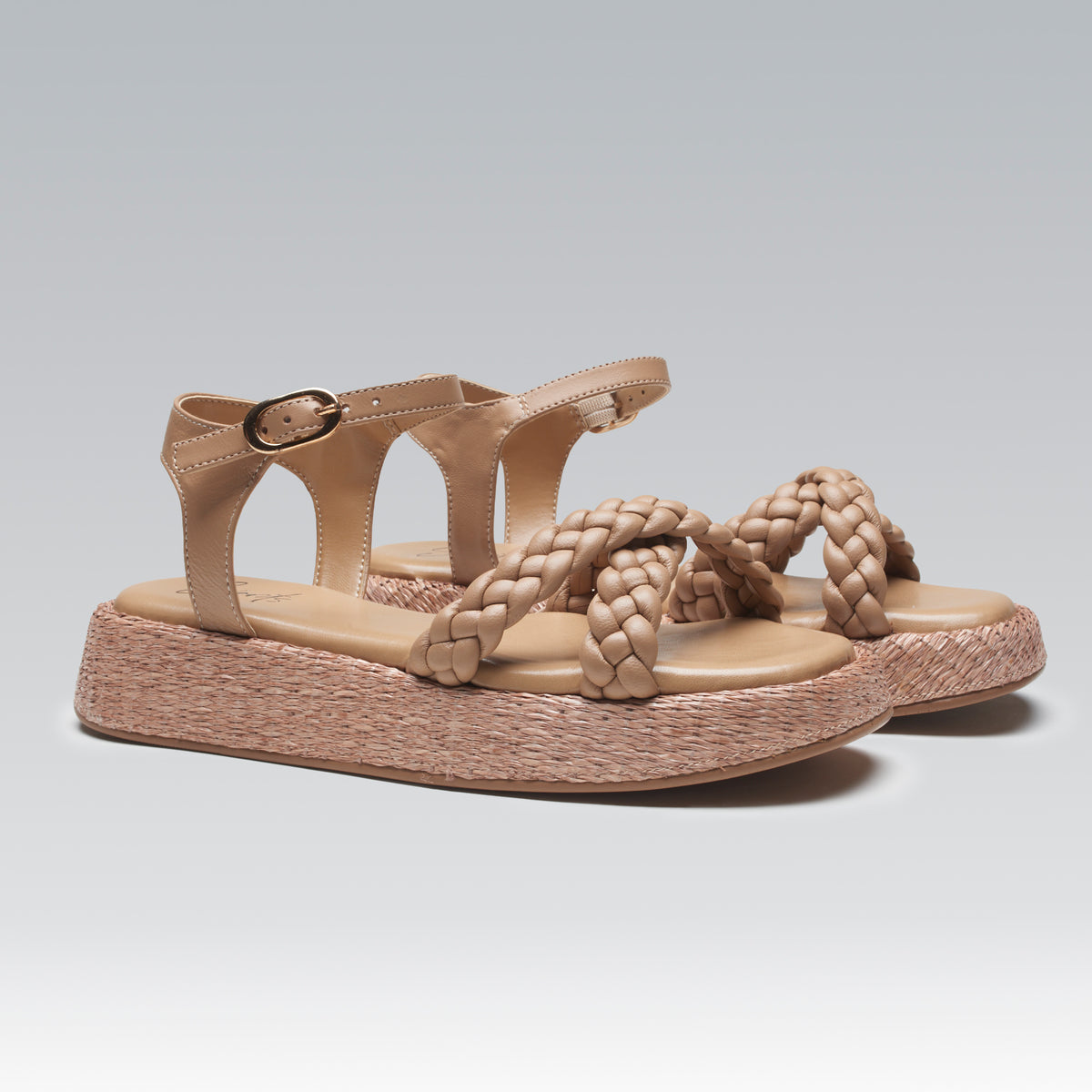 Anabela Flatform Couro Trançado Duda Bege Chanel