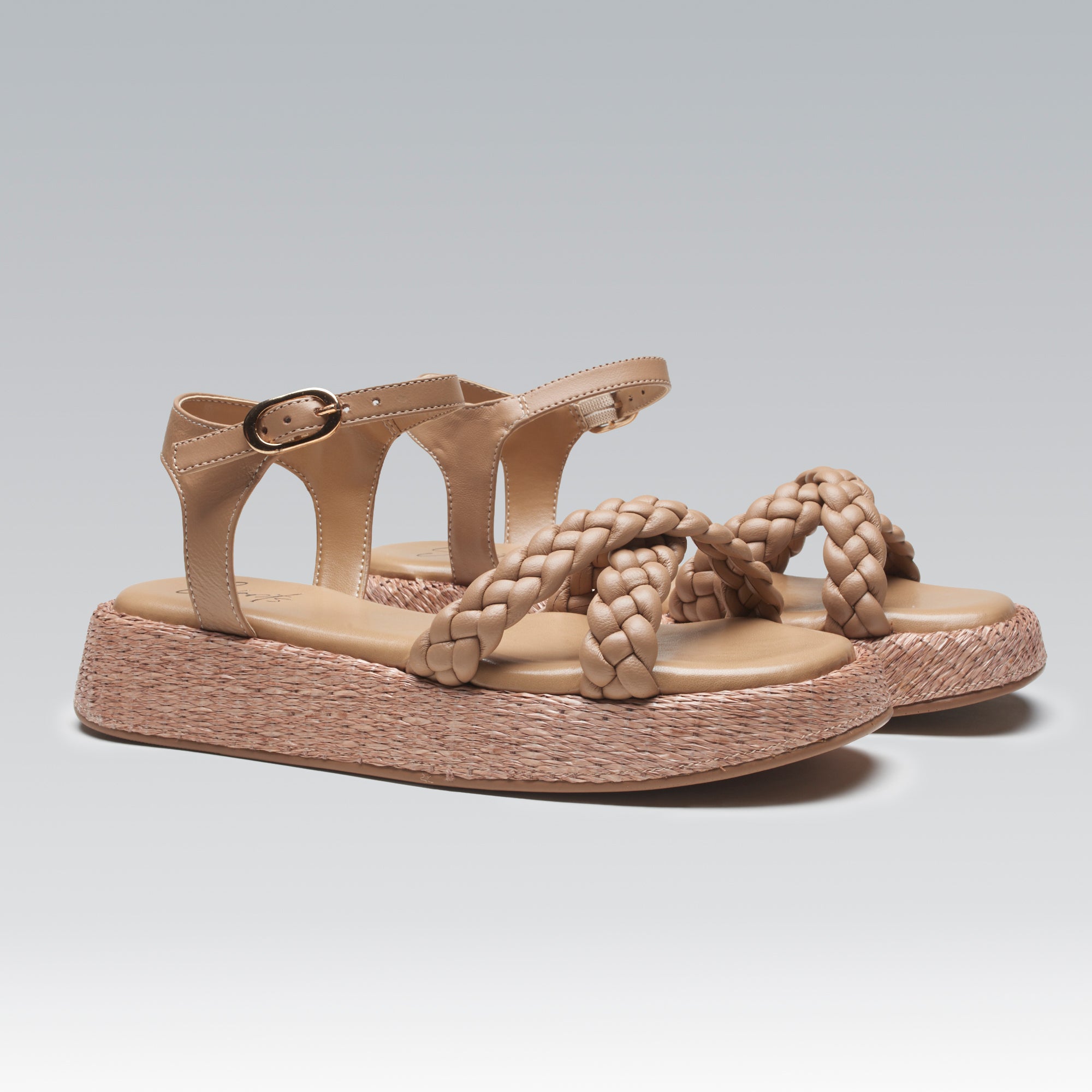 Anabela Flatform Couro Trançado Duda Bege Chanel