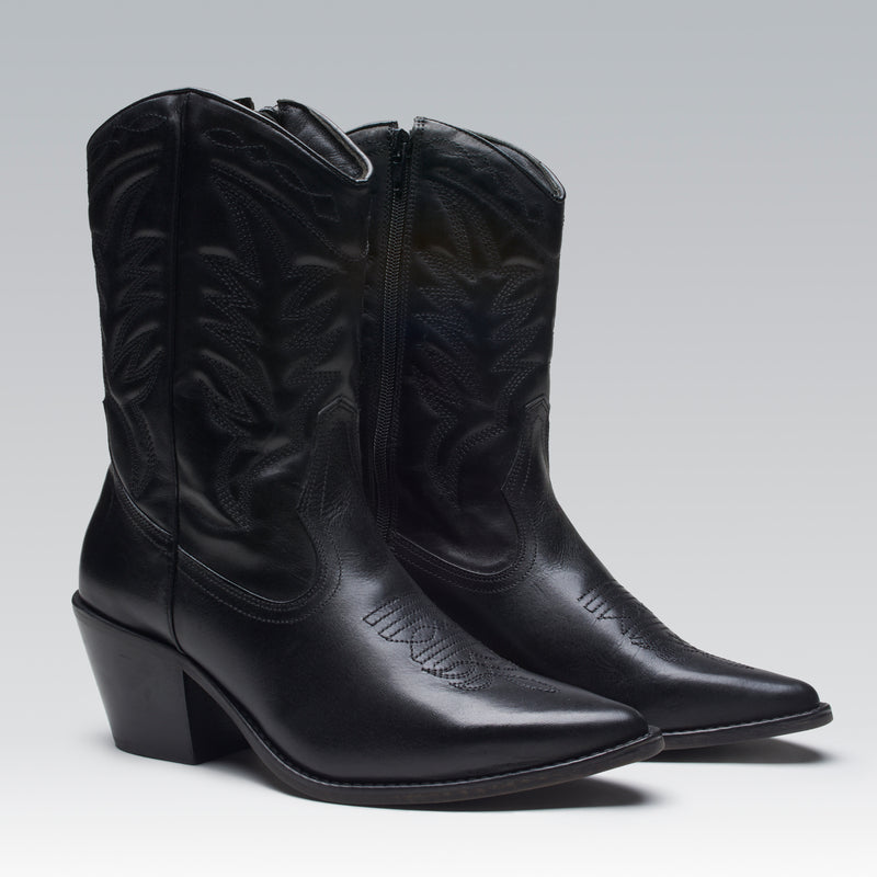 Bota Western Cano Médio Couro Preta